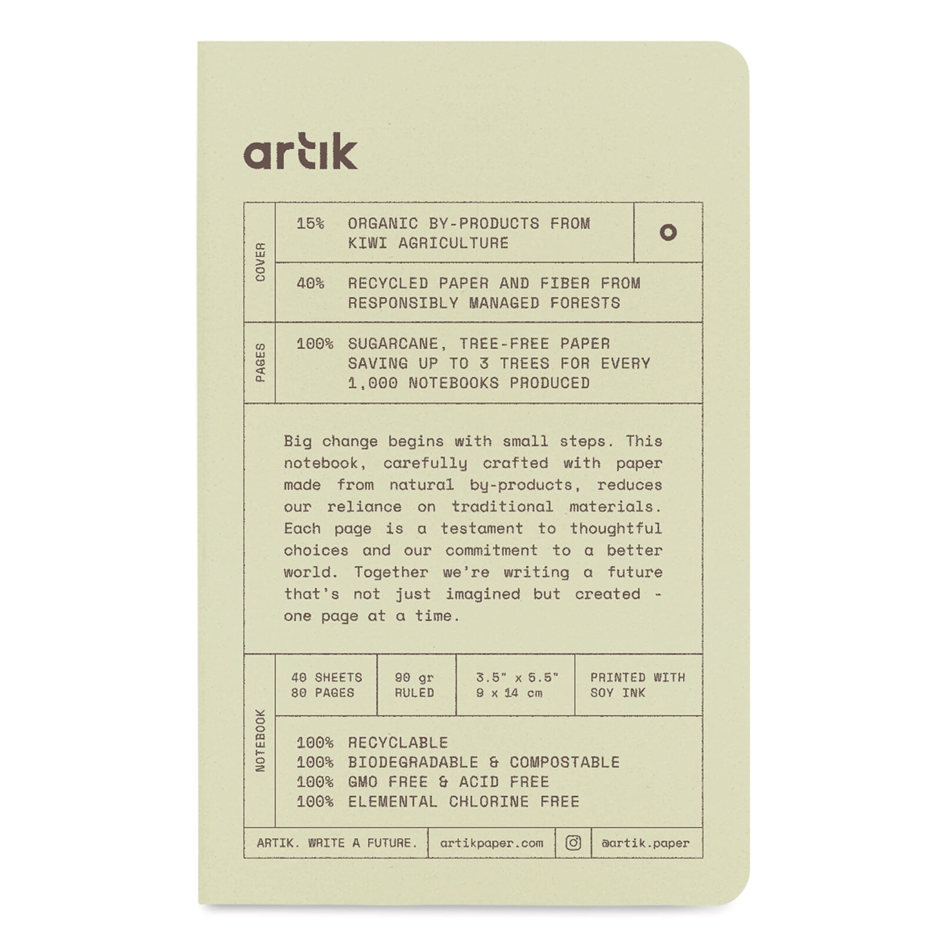 Artik Singer Sewn Notebook - Kiwi, 3-1/2" x 5-1/2", Ruled, Pkg of 3, front cover