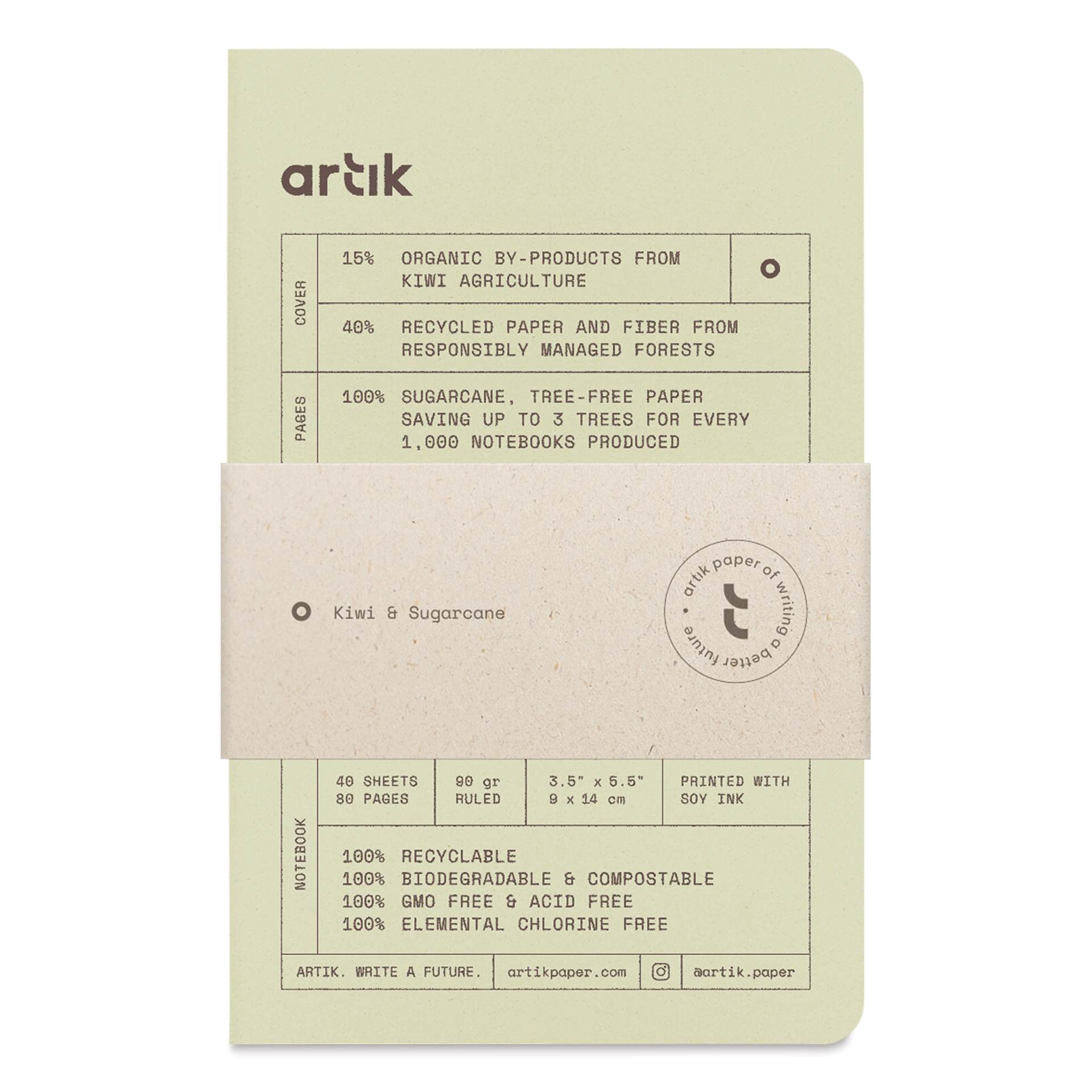 Artik Singer Sewn Notebook - Kiwi, 3-1/2" x 5-1/2", Ruled, Pkg of 3, packaging