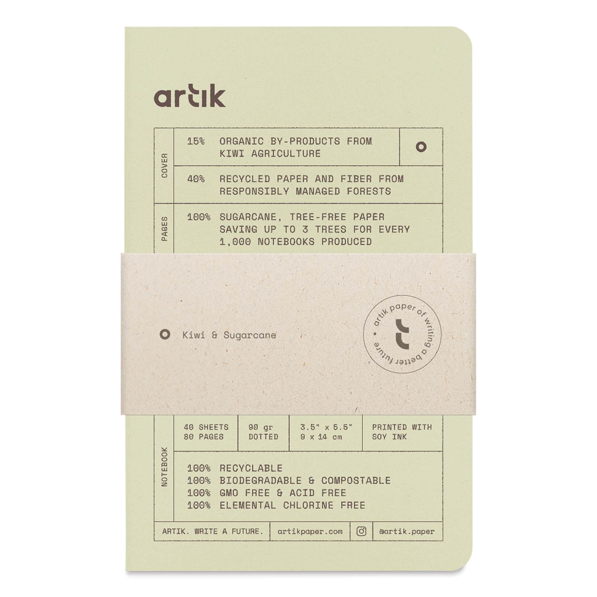 Artik Singer Sewn Notebook - Kiwi, 3-1/2" x 5-1/2", Dot Grid, Pkg of 3, packaging
