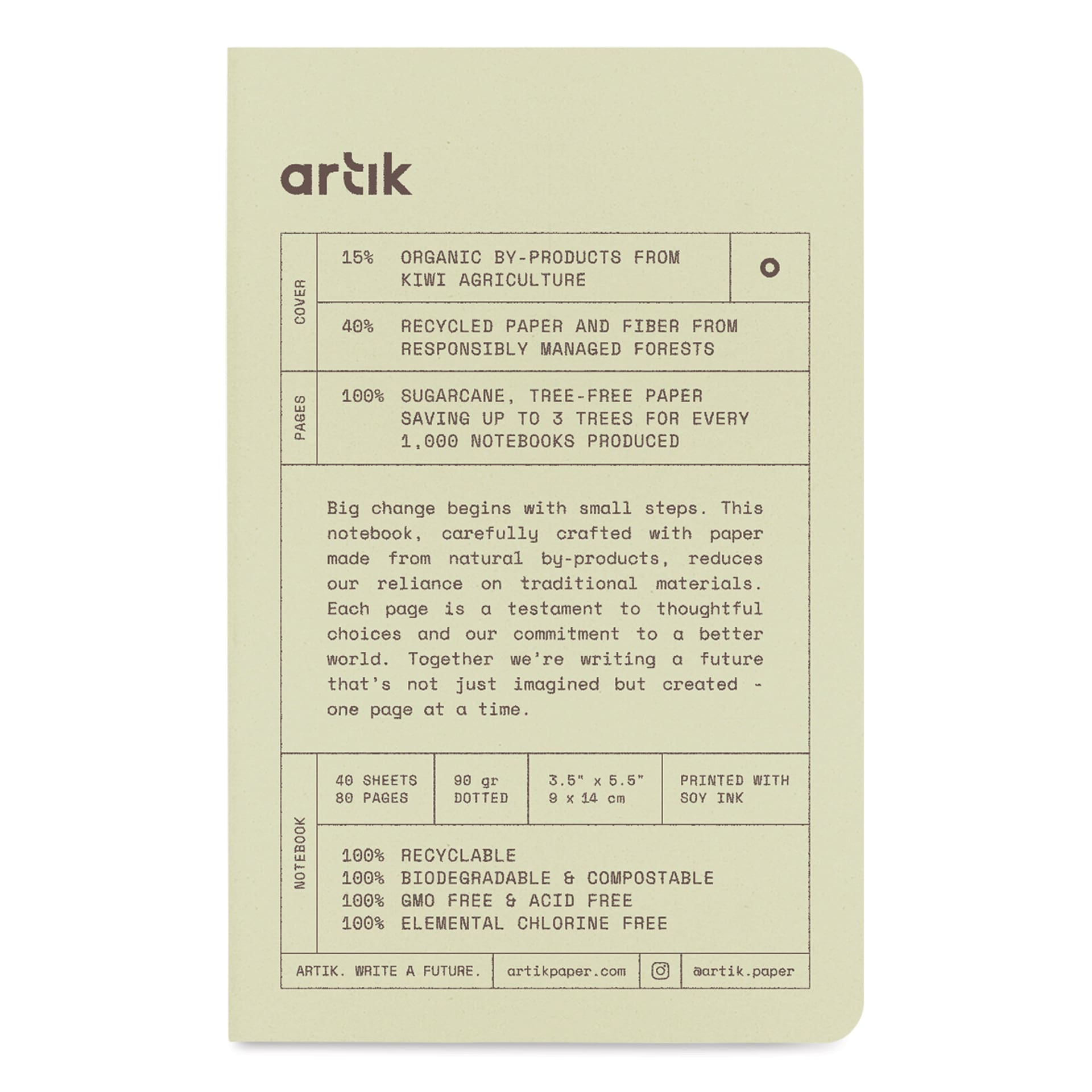 Artik Singer Sewn Notebook - Kiwi, 3-1/2" x 5-1/2", Dot Grid, Pkg of 3, front cover