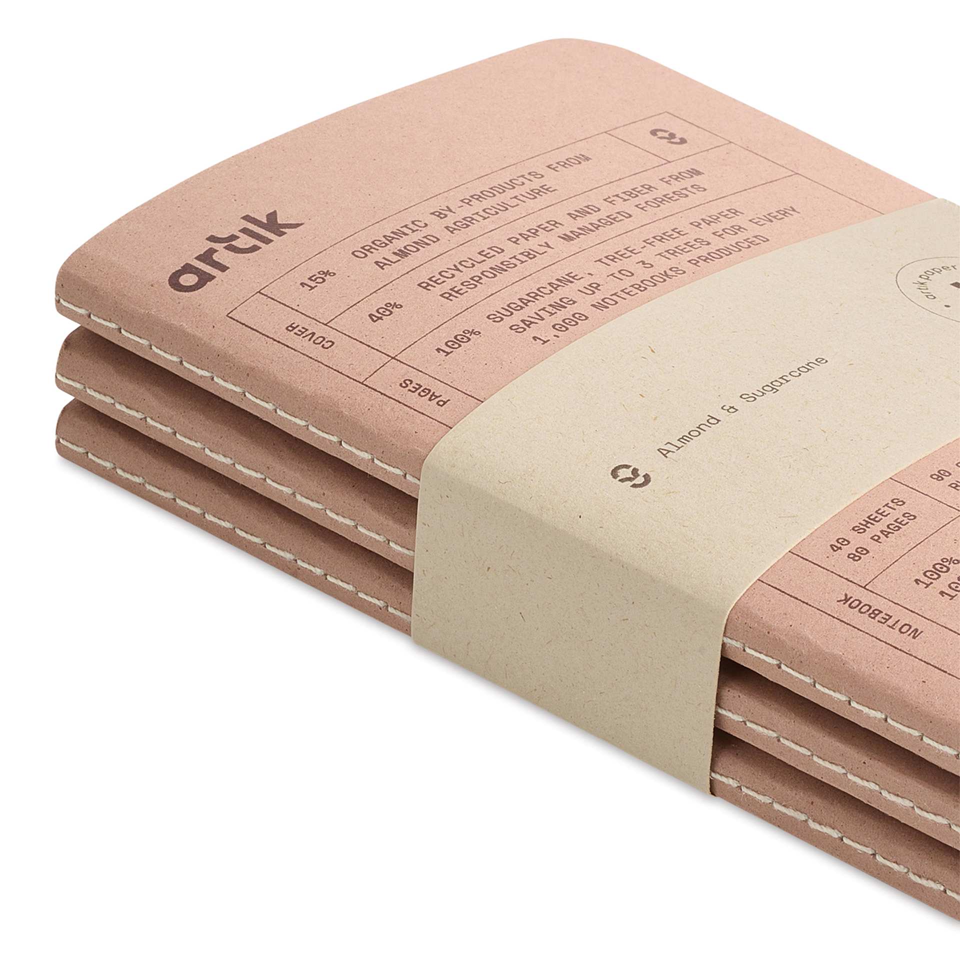 Artik Singer Sewn Notebook - Almond, 3-1/2" x 5-1/2", Dot Grid, Pkg of 3