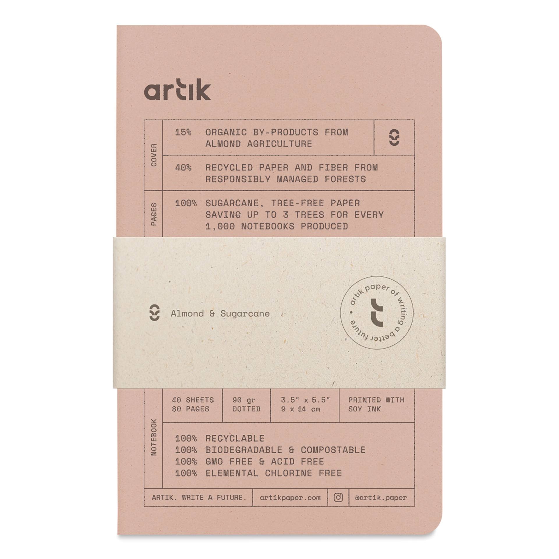 Artik Singer Sewn Notebook - Almond, 3-1/2" x 5-1/2", Dot Grid, Pkg of 3, packaging