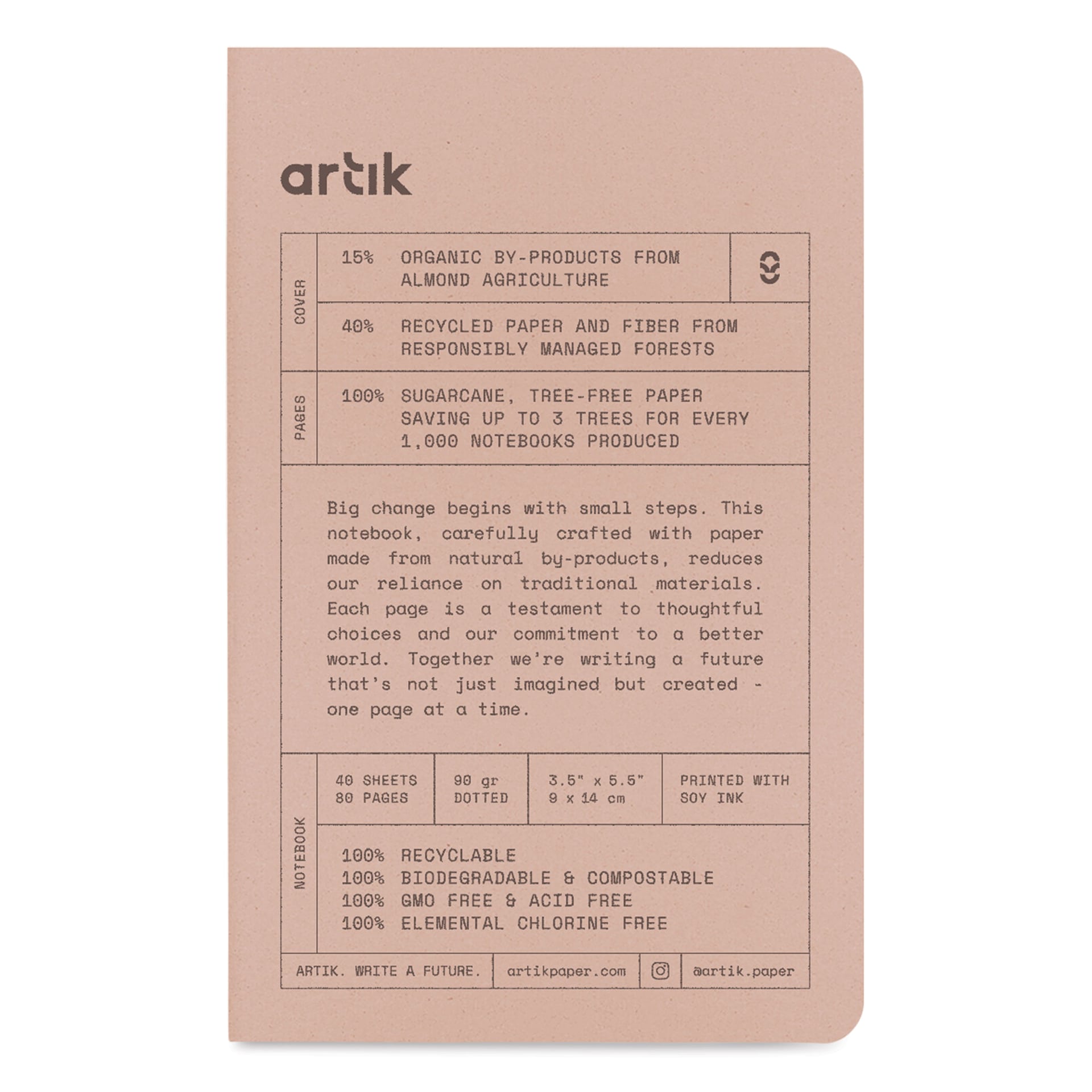 Artik Singer Sewn Notebook - Almond, 3-1/2" x 5-1/2", Dot Grid, Pkg of 3, front cover