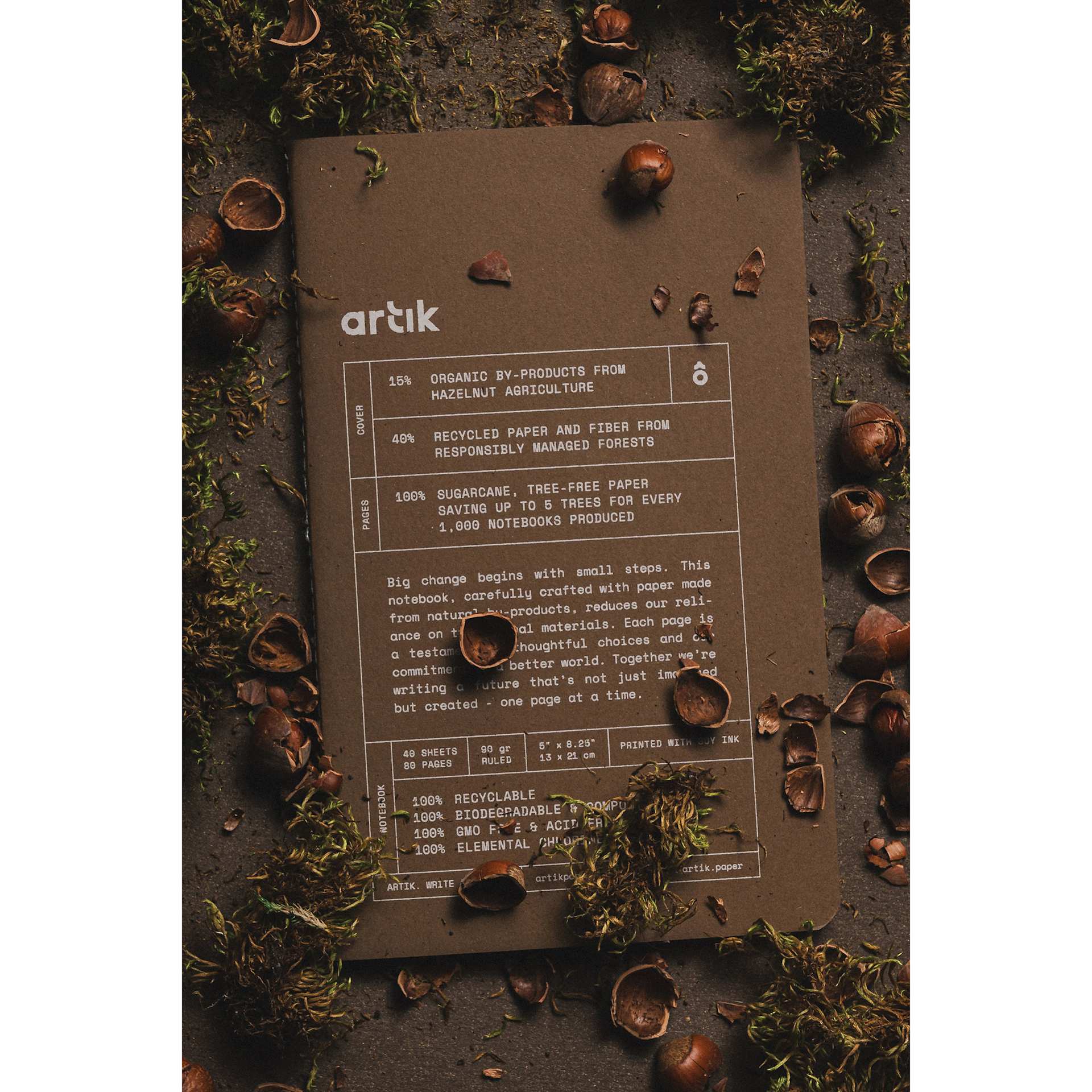 Artik Singer Sewn Notebook - Hazelnut, 5" x 8-1/4", Ruled, Pkg of 2, on desk
