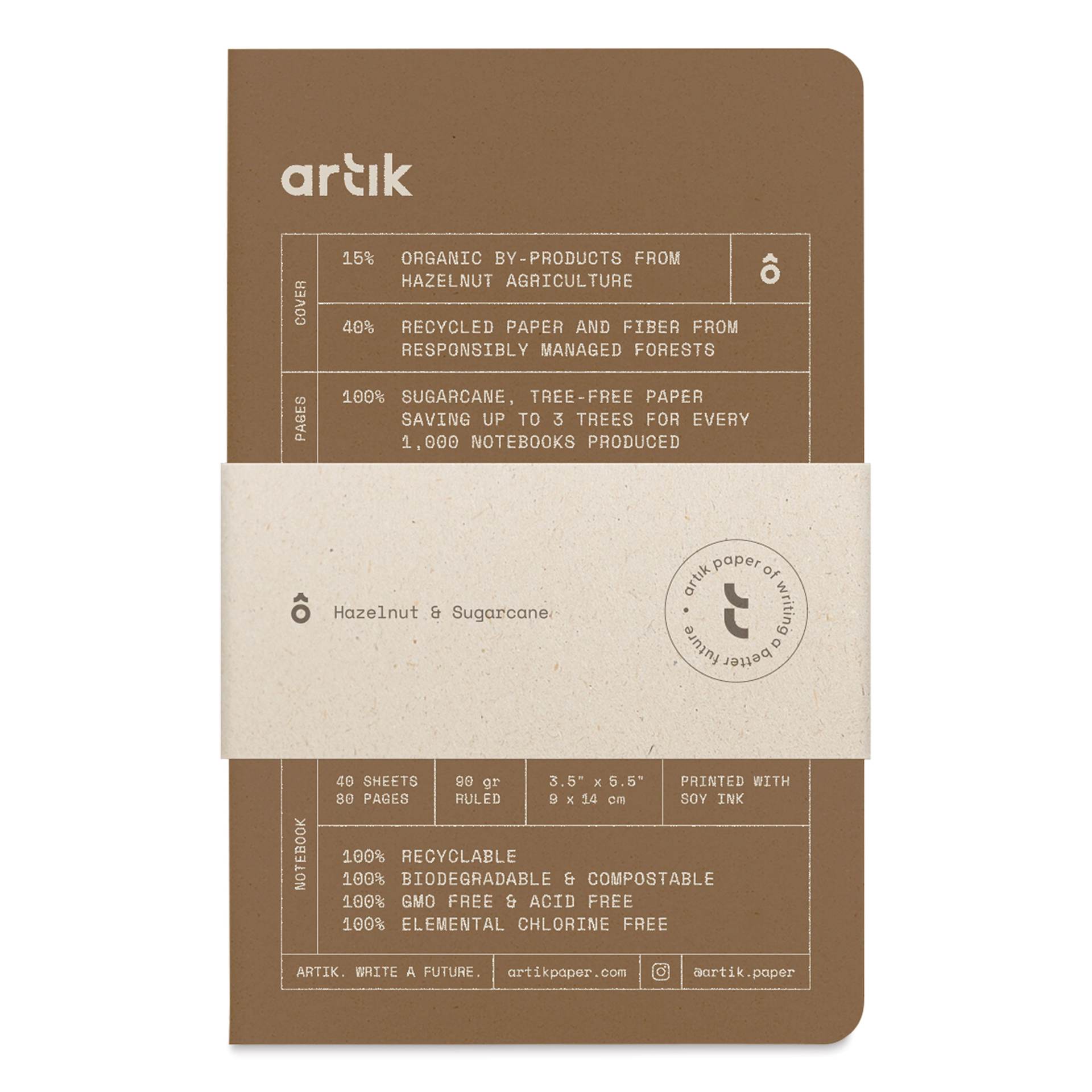 Artik Singer Sewn Notebook - Hazelnut, 3-1/2" x 5-1/2", Ruled, Pkg of 3, packaging