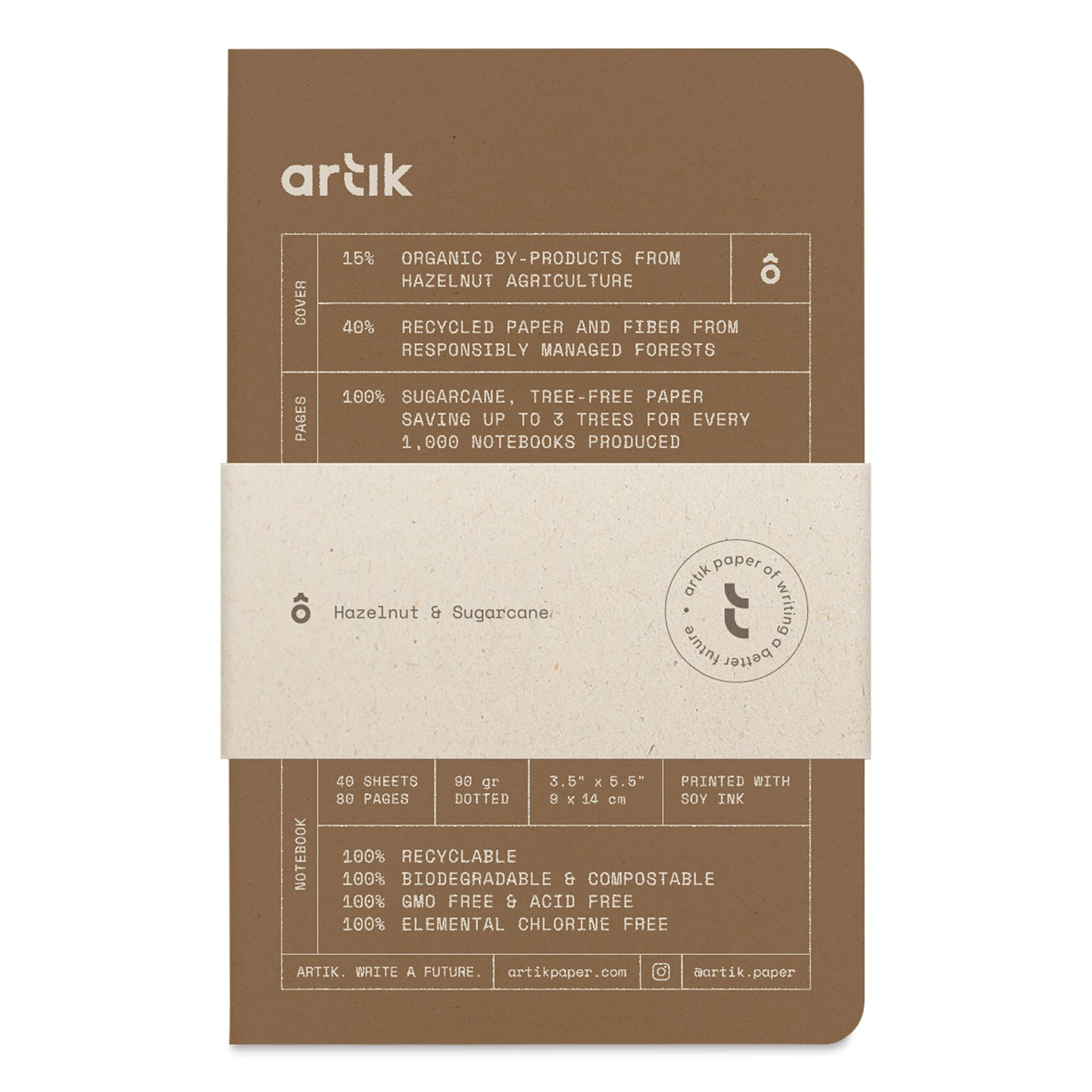 Artik Singer Sewn Notebook - Hazelnut, 3-1/2" x 5-1/2", Dot Grid, Pkg of 3, packaging