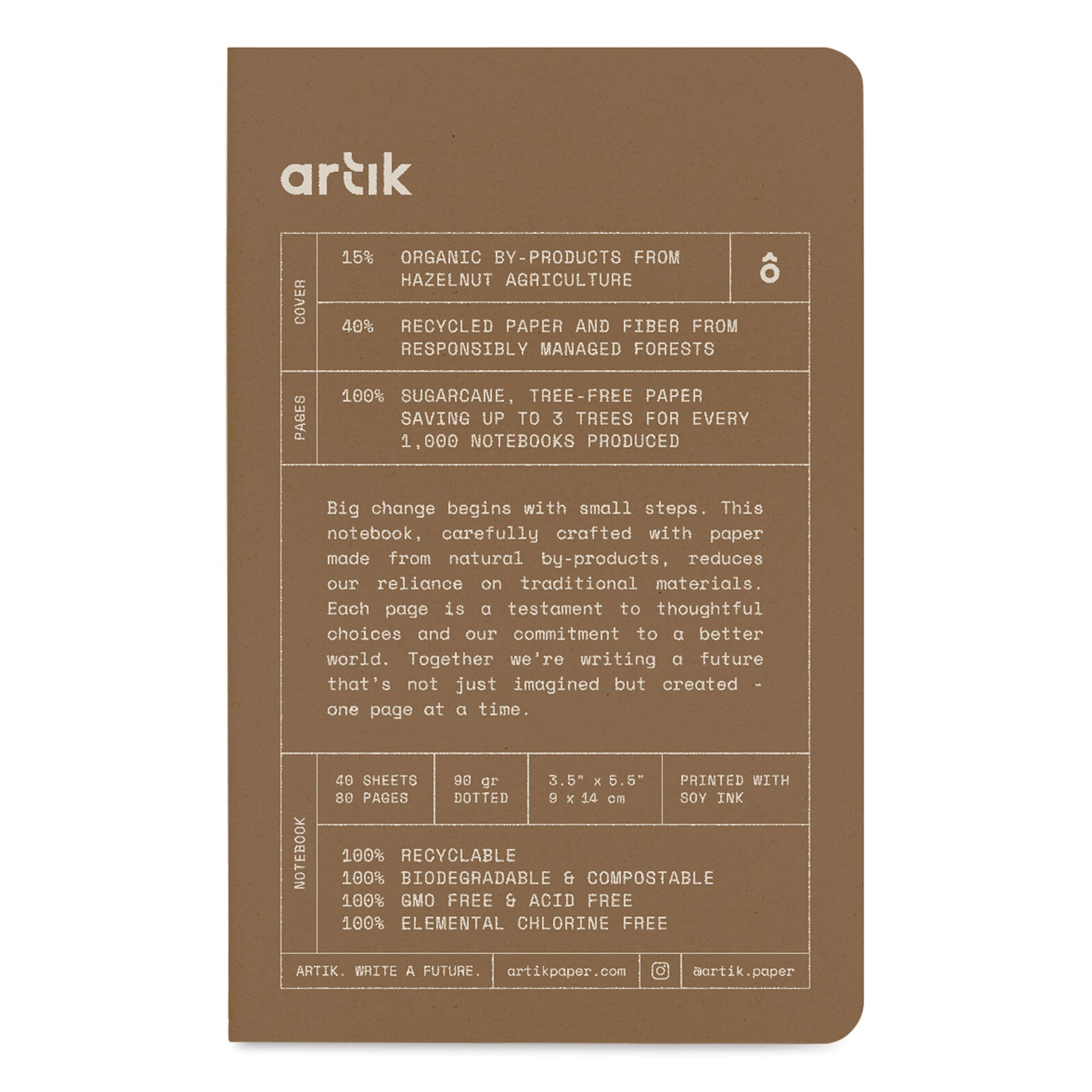 Artik Singer Sewn Notebook - Hazelnut, 3-1/2" x 5-1/2", Dot Grid, Pkg of 3, front cover