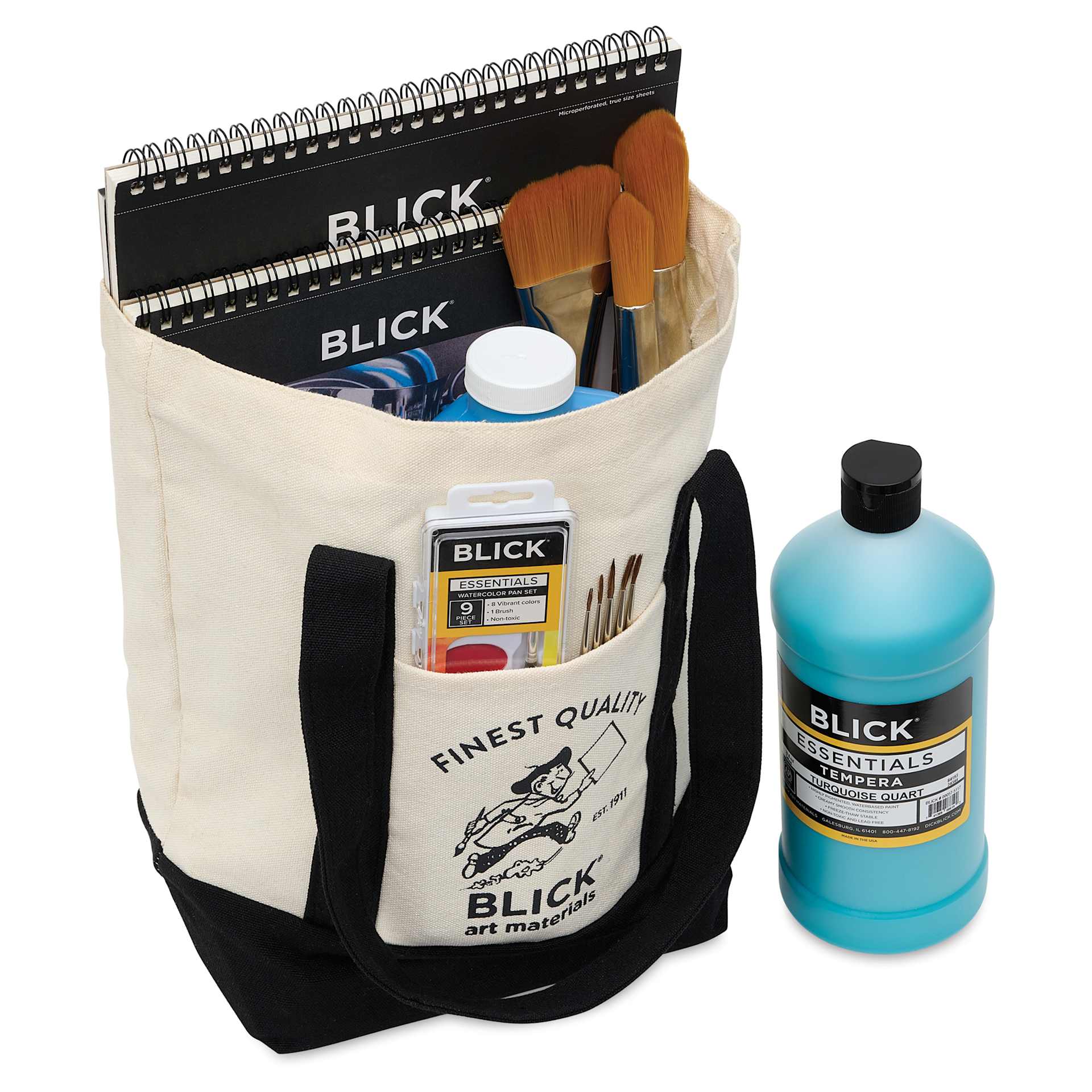 Blick Mini Canvas Tote - filled tote with paint bottle on the right
