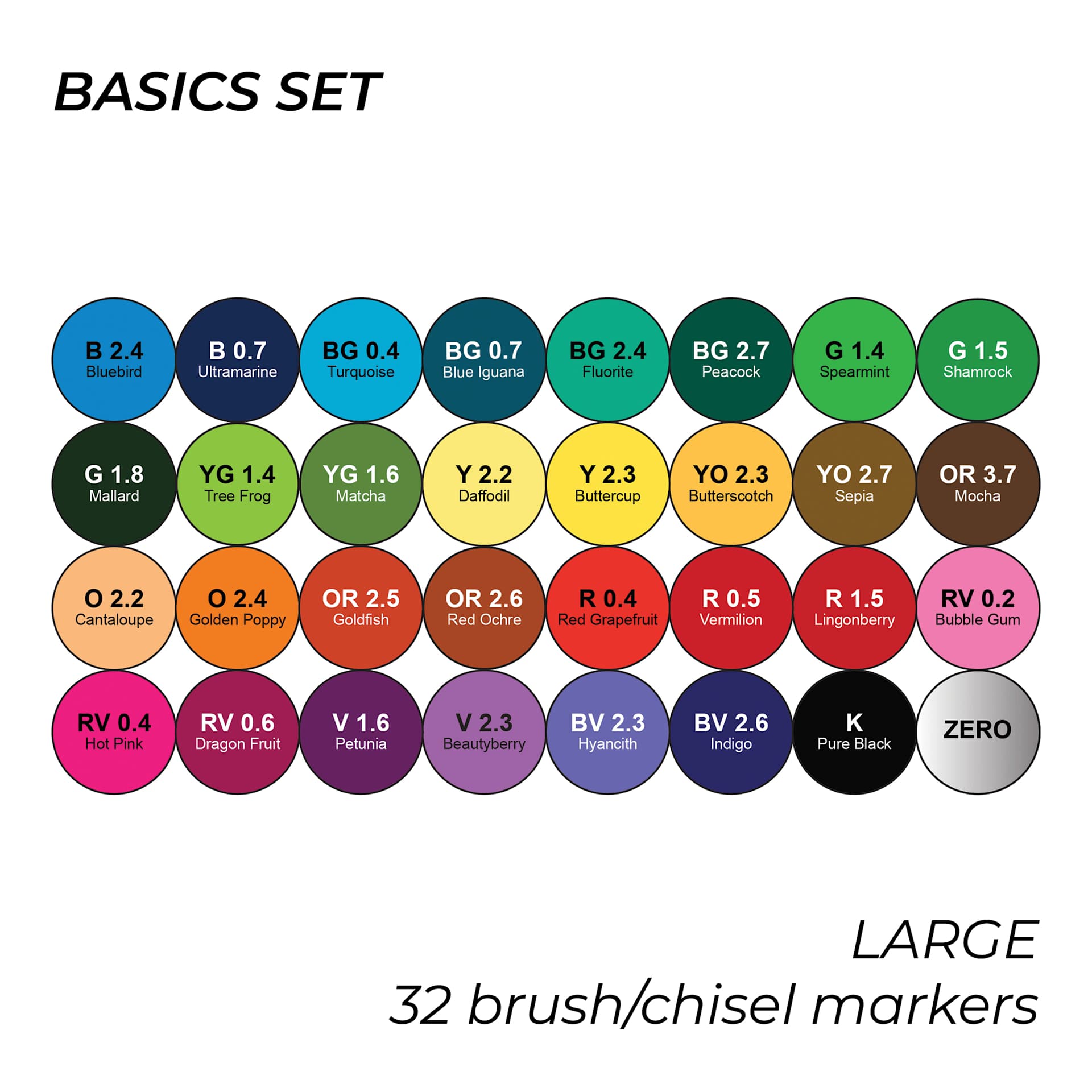 Olo Dual Tip Marker Carry Case - Set of 32, Basic Colors, swatches