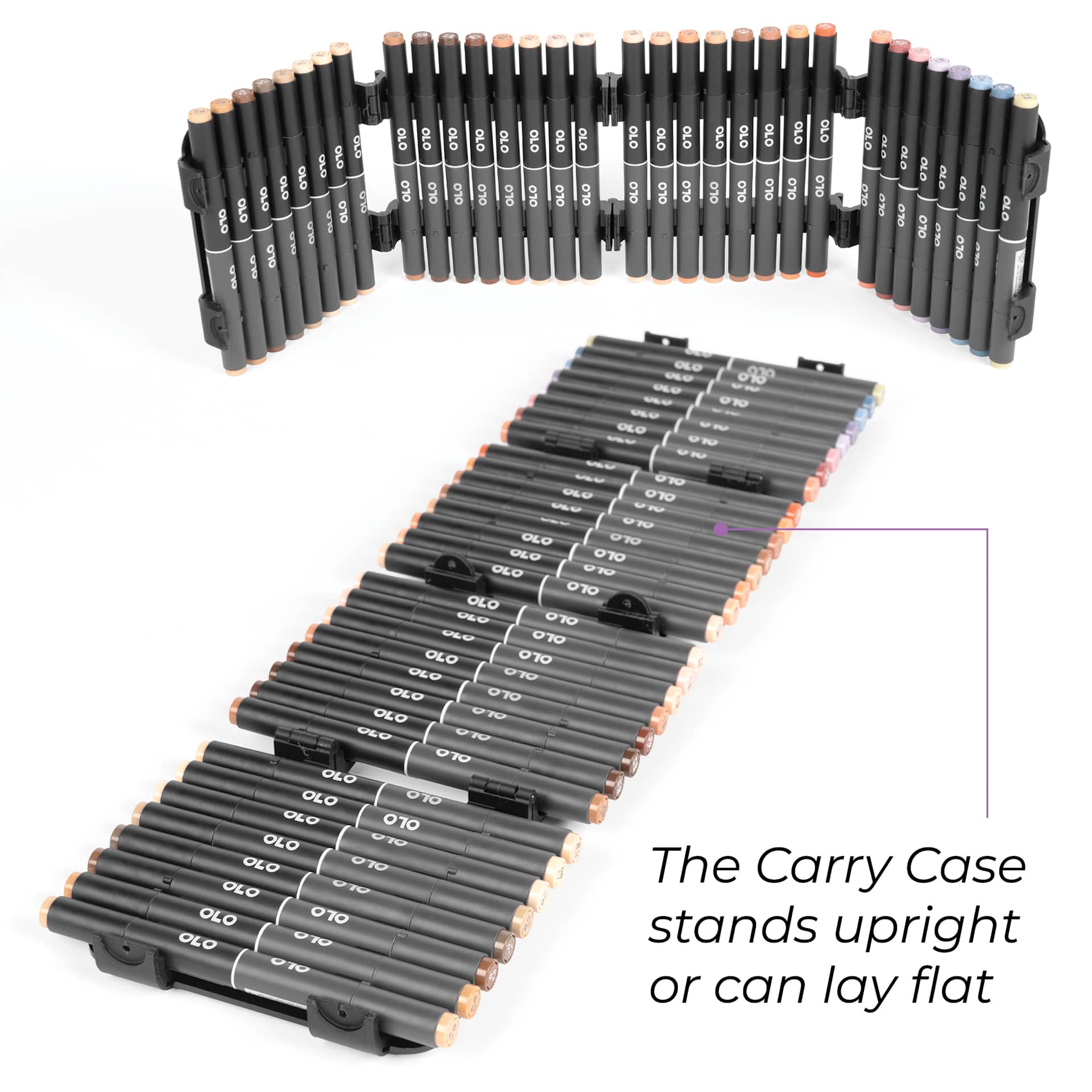 The carry case stands upright or can lay flat.