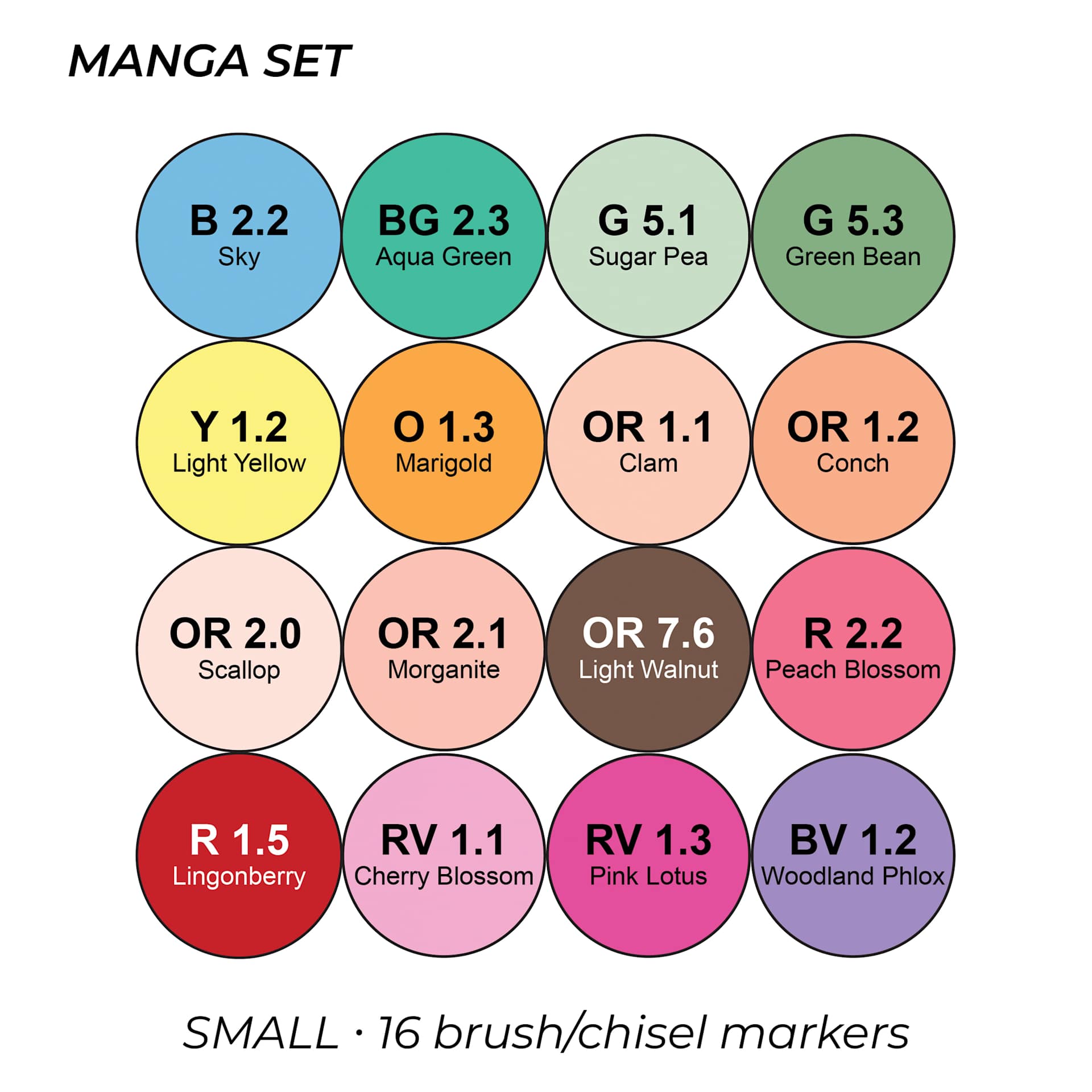 Manga Set. Small. 16 brush/chisel markers.