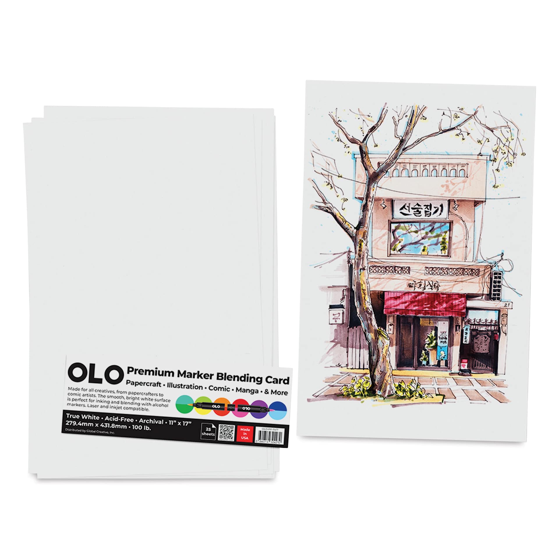 Olo Premium Marker Blending Card Paper - Pkg of 25, 11" x 17", with artwork of a street view on a single sheet.
