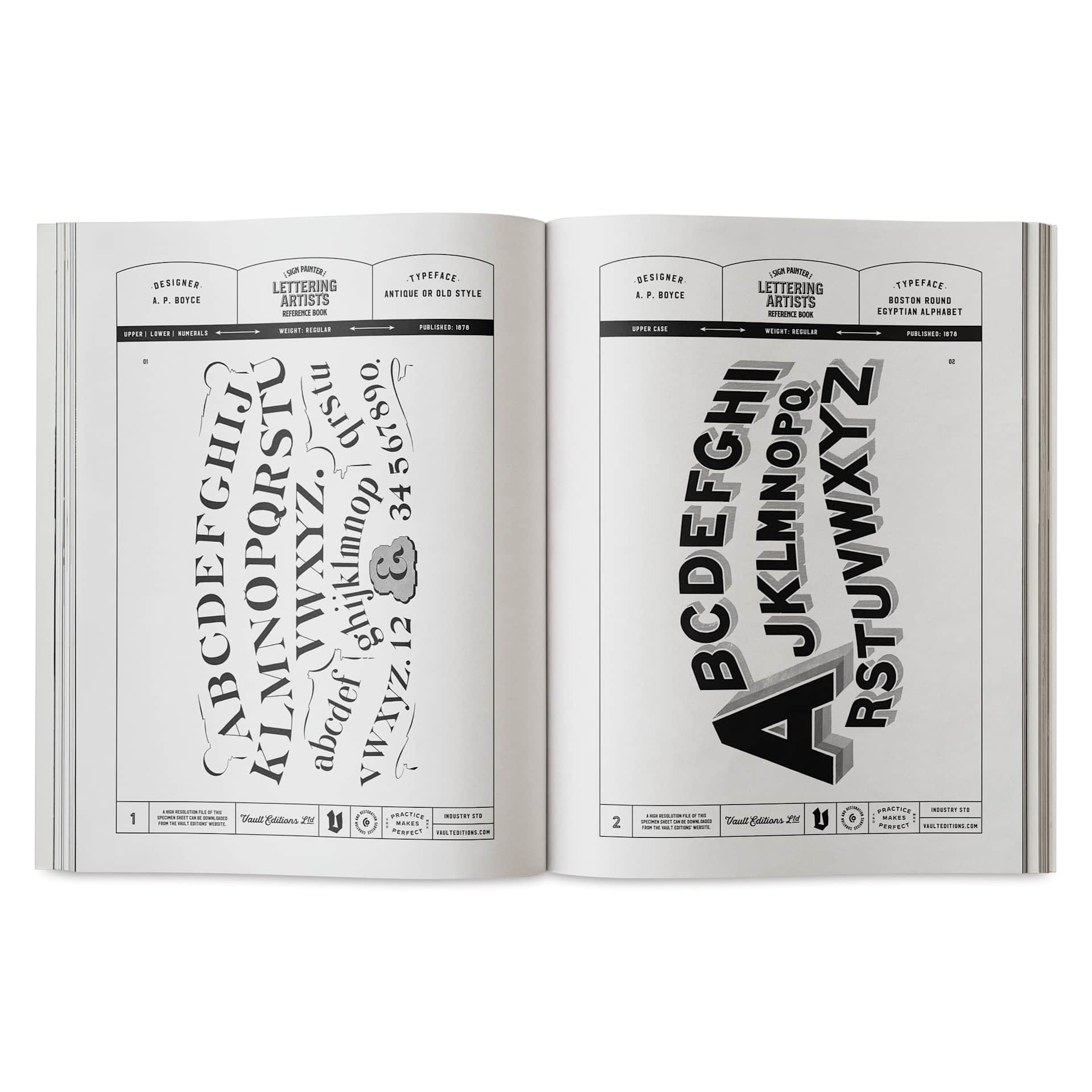 Vault Editions The Sign Painter and Lettering Artists Reference Book, Antique or Old Style font and Boston Round Egyptian Alphabet