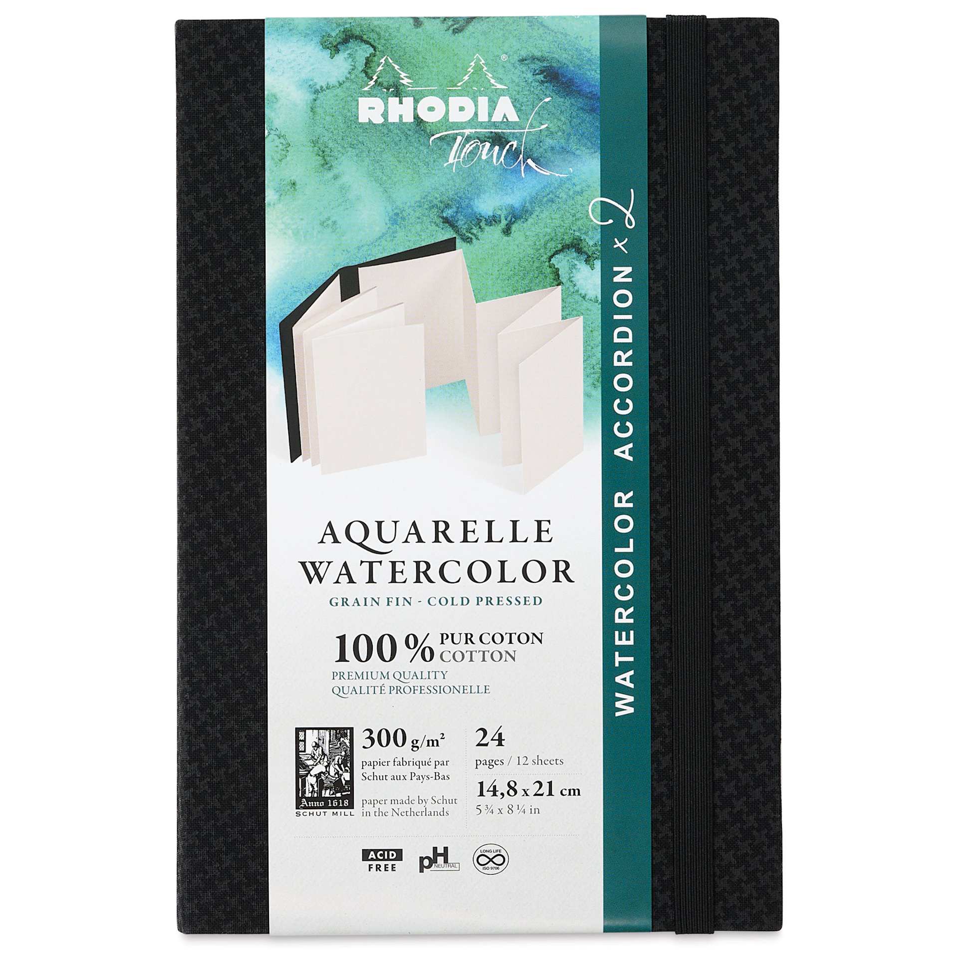 Rhodia Touch Aquarelle Watercolor Accordion Sketchbook - A5, 12 Sheets, front with packaging