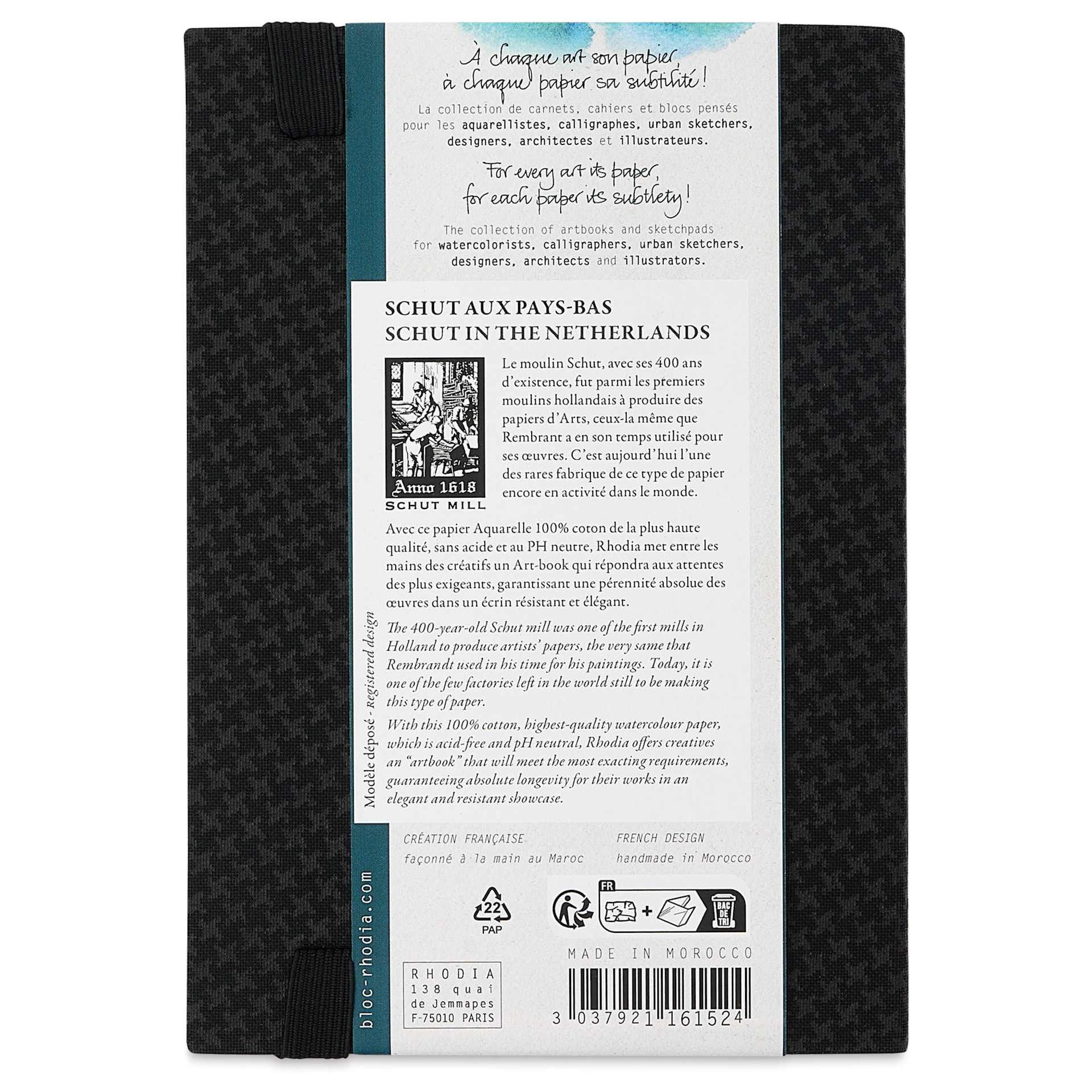 Rhodia Touch Aquarelle Watercolor Accordion Sketchbook - A6, Cold Press, 16 Sheets, back with packaging