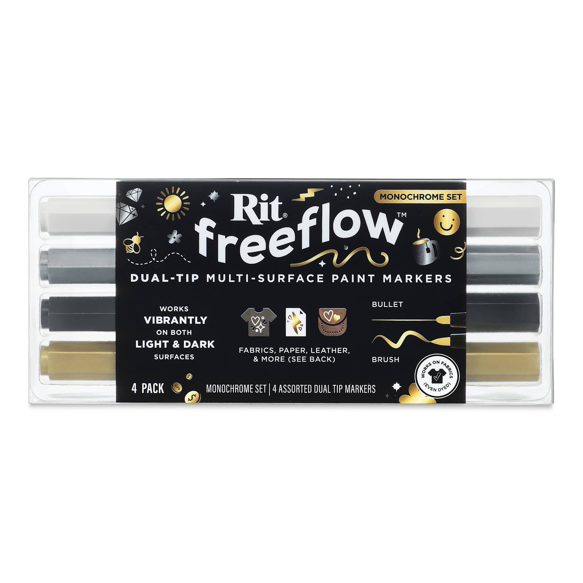 Rit FreeFlow Dual-Tip Multi-Surface Paint Markers - Set of 4, Monochrome, front of packaging