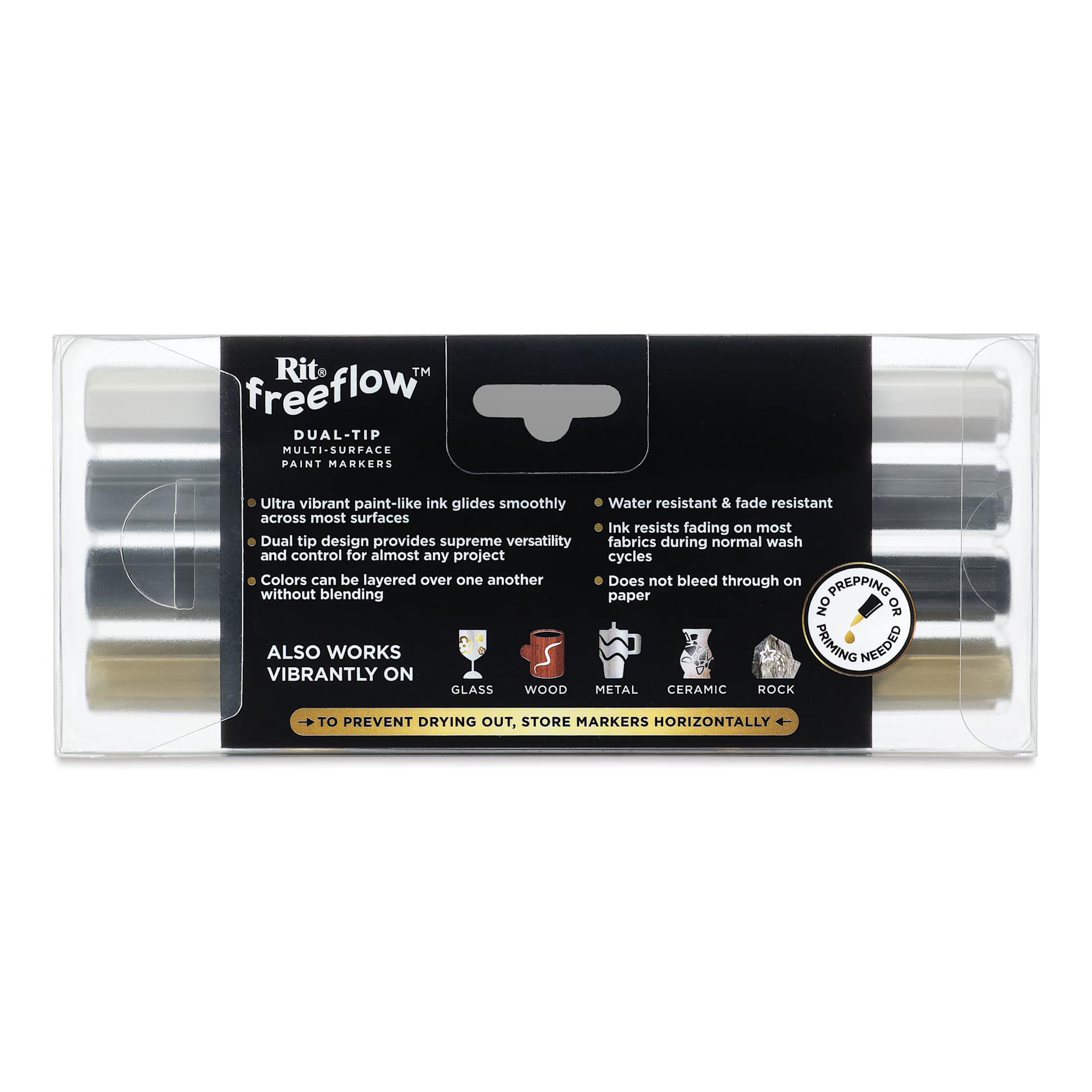 Rit FreeFlow Dual-Tip Multi-Surface Paint Markers - Set of 4, Monochrome, back of packaging