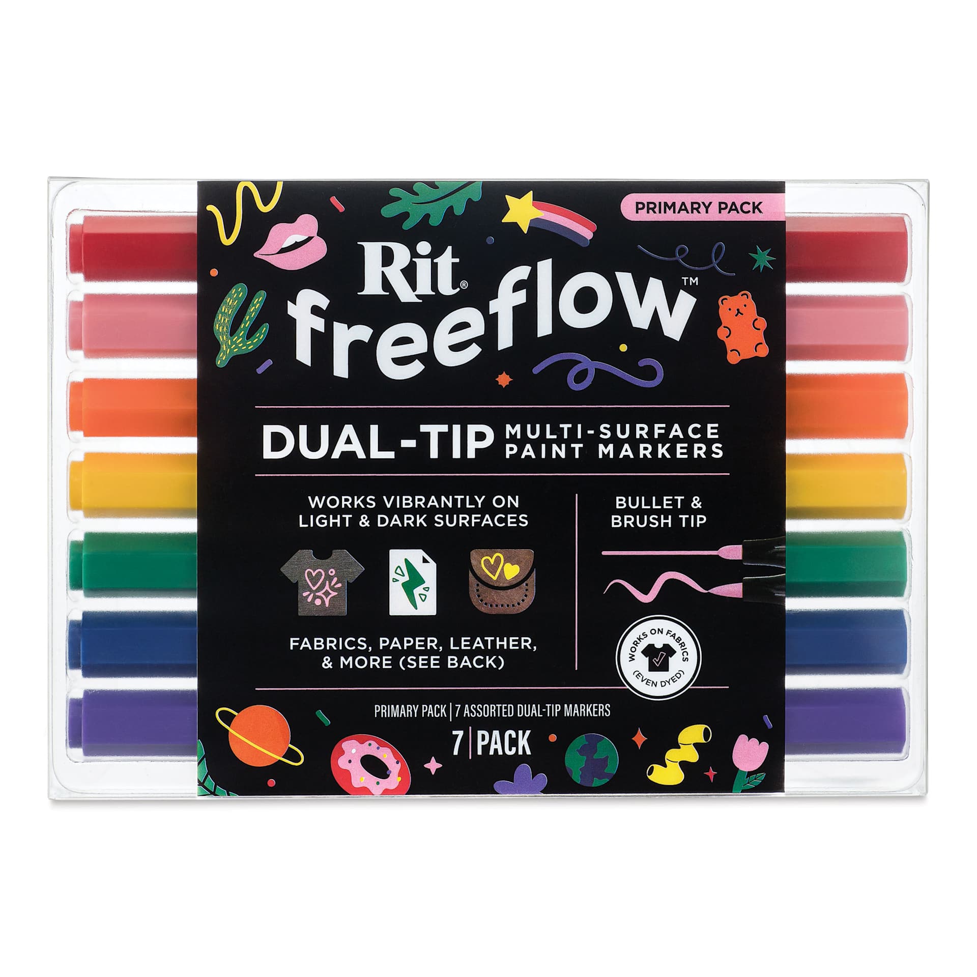 Rit FreeFlow Dual-Tip Multi-Surface Paint Marker Sets - Set of 7, Primary, front of packaging