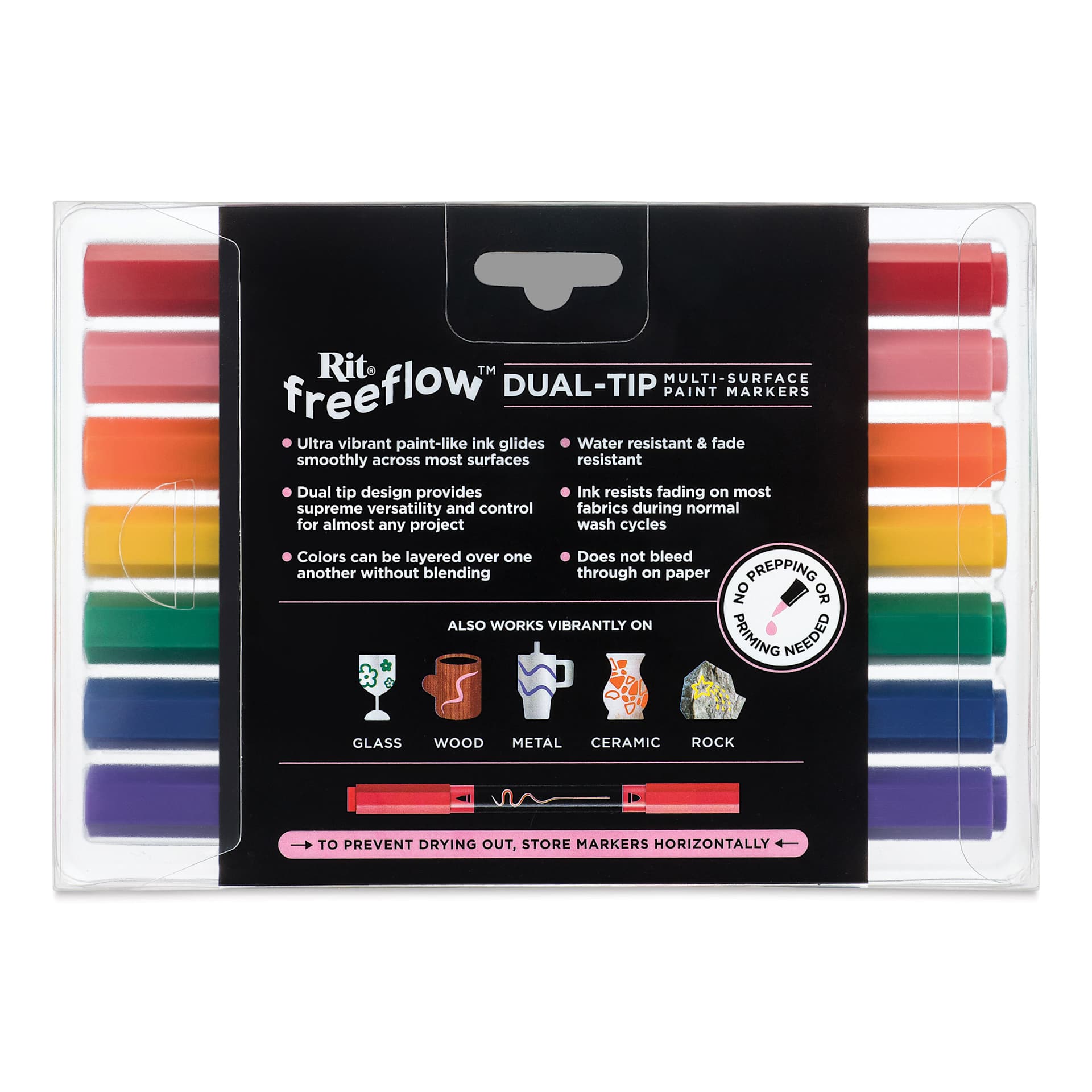 Rit FreeFlow Dual-Tip Multi-Surface Paint Marker Sets - Set of 7, Primary, back of packaging