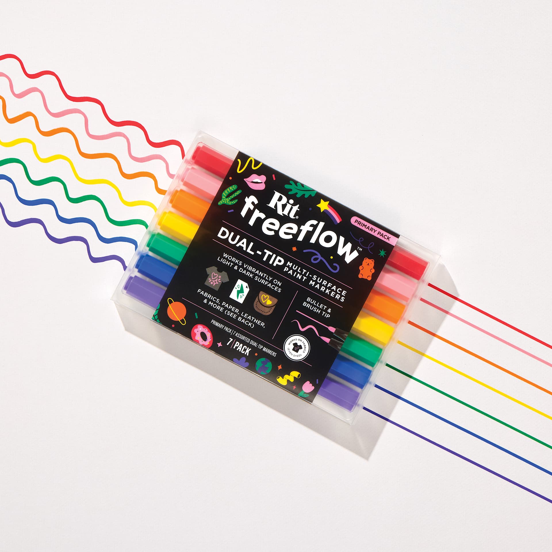 Rit FreeFlow Dual-Tip Multi-Surface Paint Marker Sets - Set of 7, Primary, swatches