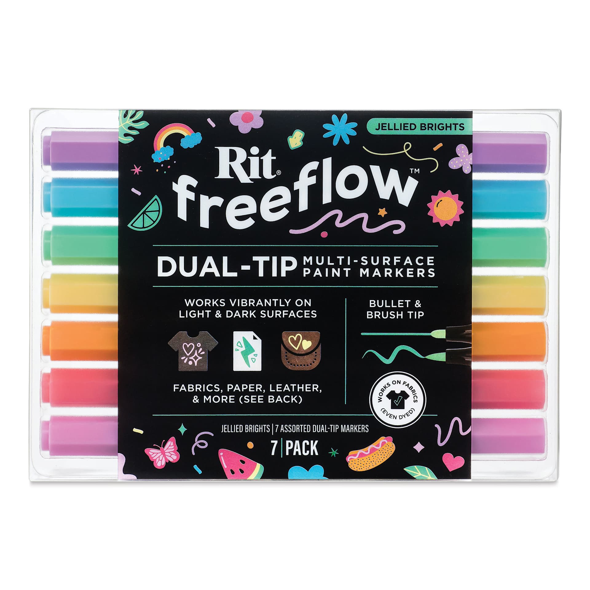 Rit FreeFlow Dual-Tip Multi-Surface Paint Marker Sets - Set of 7, Jellied Brights, front of packaging