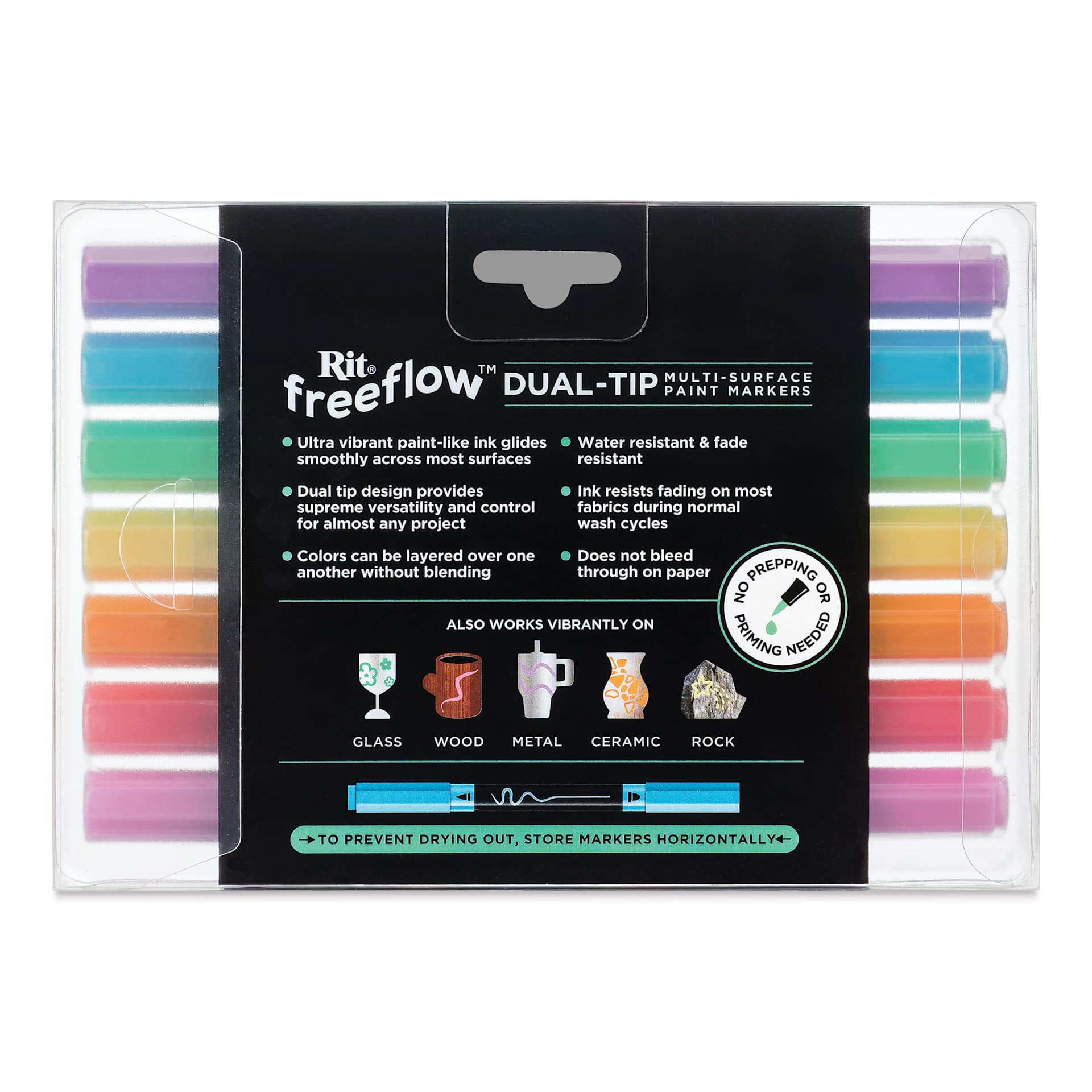 Rit FreeFlow Dual-Tip Multi-Surface Paint Marker Sets - Set of 7, Jellied Brights, back of packaging