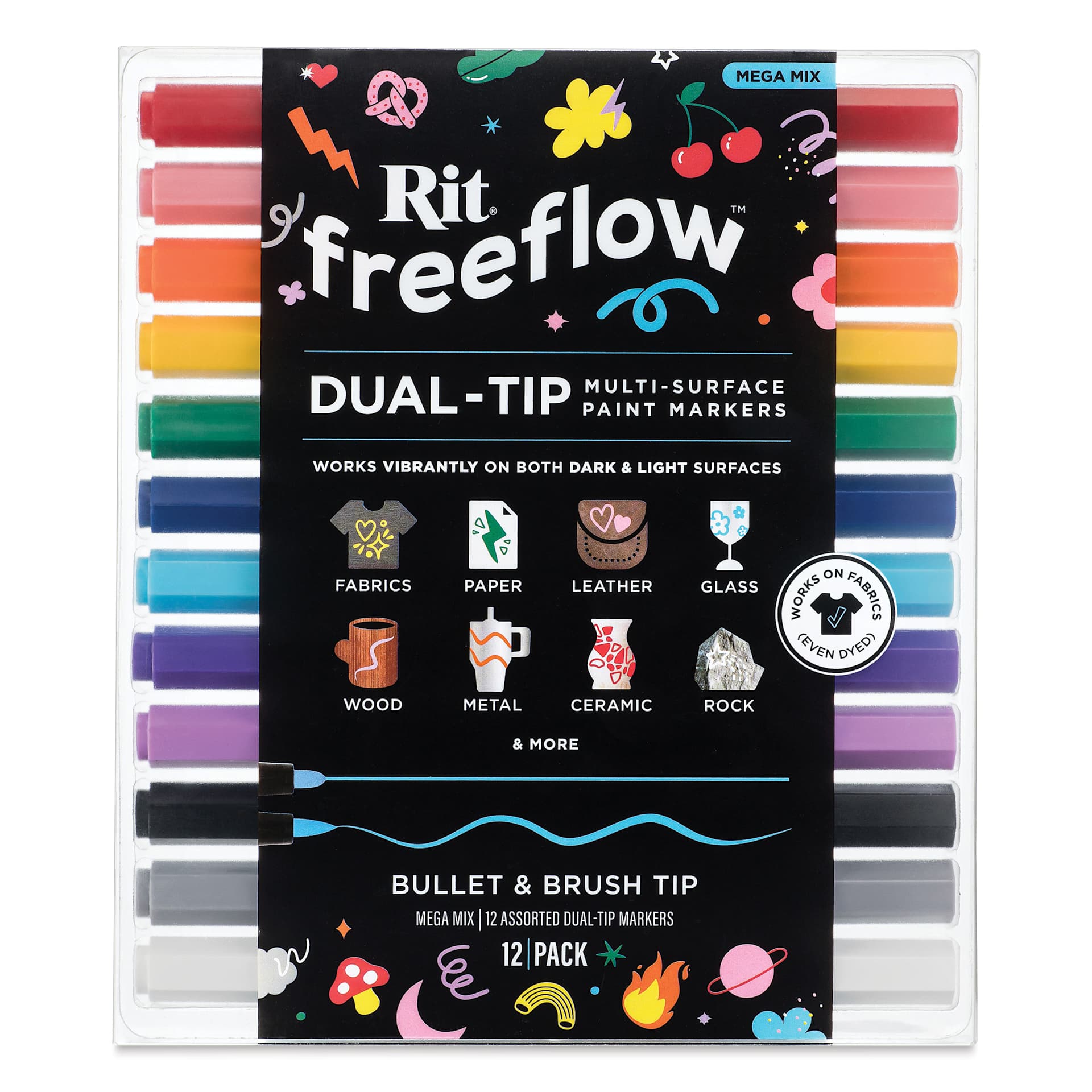 Rit FreeFlow Dual-Tip Multi-Surface Paint Marker Sets - Set of 12, Mega Mix, front of packaging