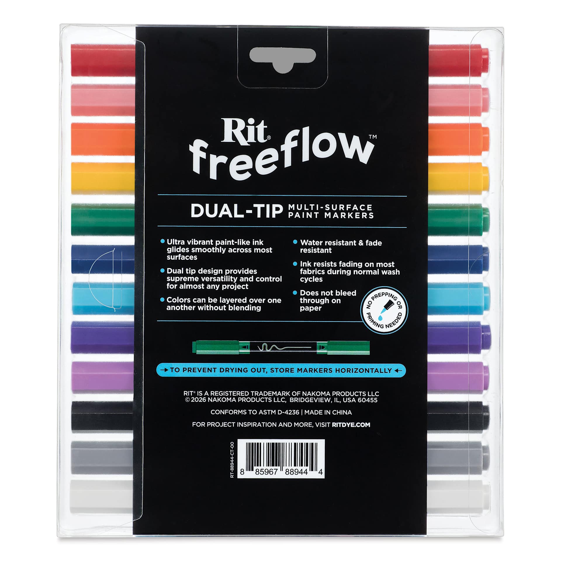 Rit FreeFlow Dual-Tip Multi-Surface Paint Marker Sets - Set of 12, Mega Mix, back of packaging