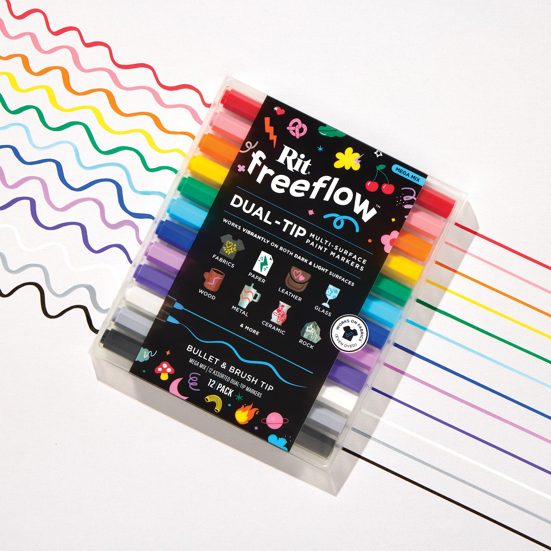 Rit FreeFlow Dual-Tip Multi-Surface Paint Marker Sets - Set of 12, Mega Mix, swatches