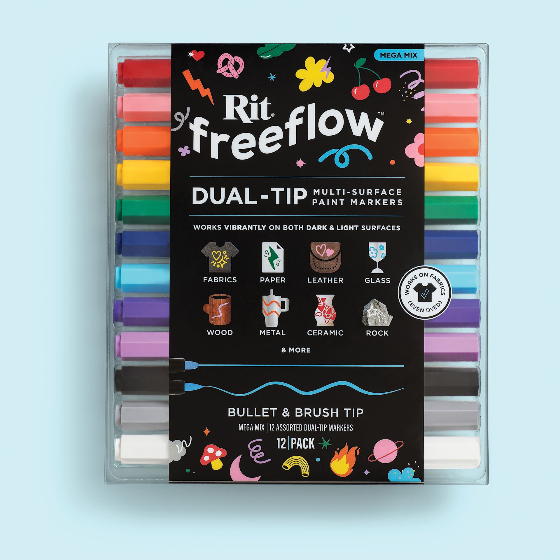 Rit FreeFlow Dual-Tip Multi-Surface Paint Marker Sets - Set of 12, Mega Mix, packaging