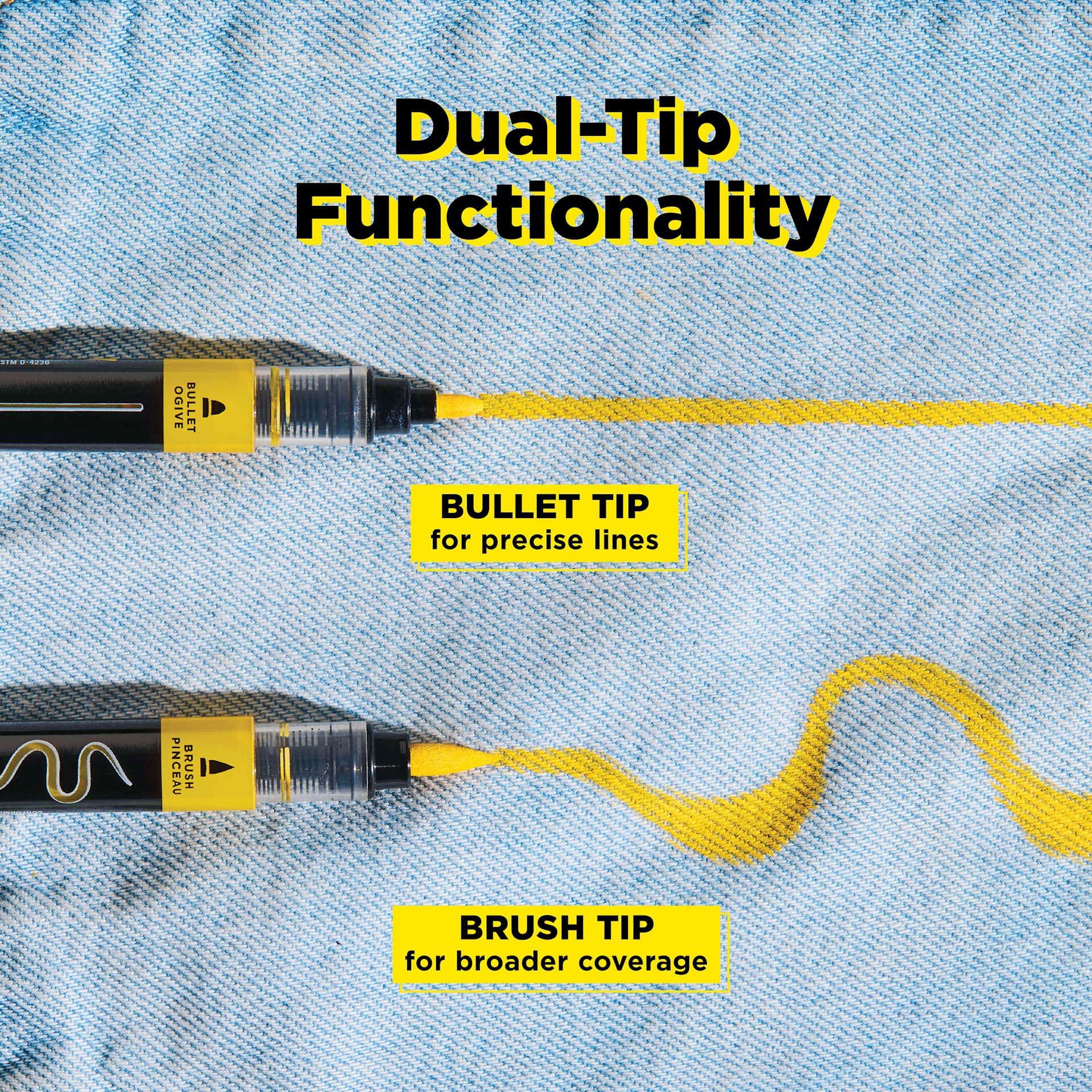 Dual-Tip Functionality, Bullet Tip for precise lines, Brush Tip for broader coverage.