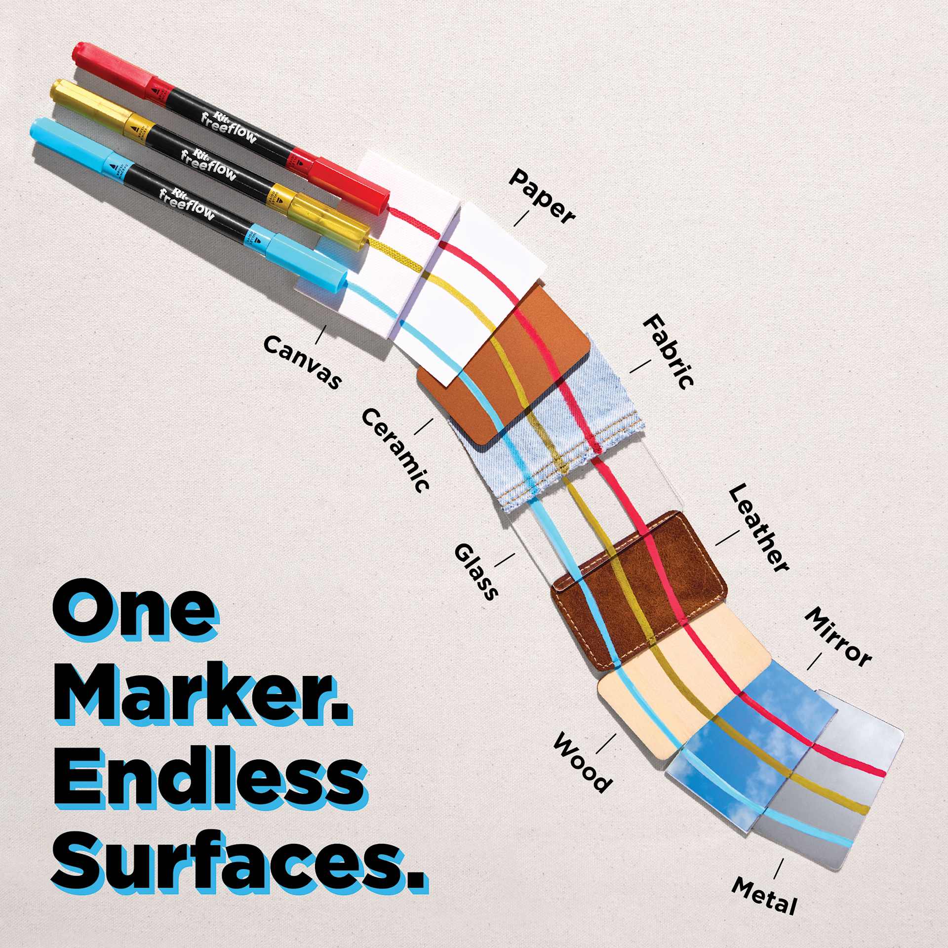 One marker. Endless surfaces. Paper, fabric, leather, mirror, canvas, ceramic, glass, wood, and metal. 
