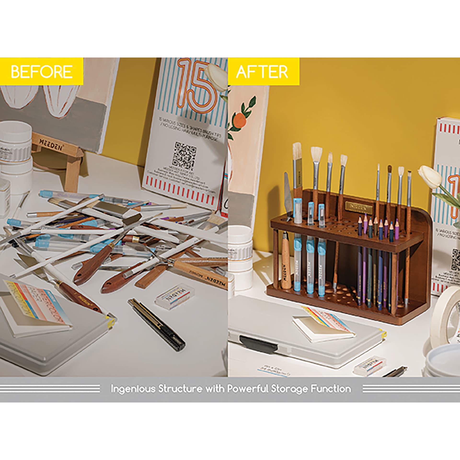 Meeden Pro Brush Holder - Single Tier, before and after.