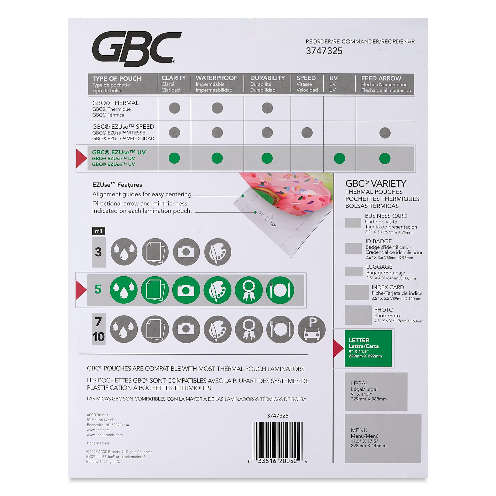 GBC EZUse UV Thermal Laminating Pouches - Pkg of 100, 5ml back of packaging