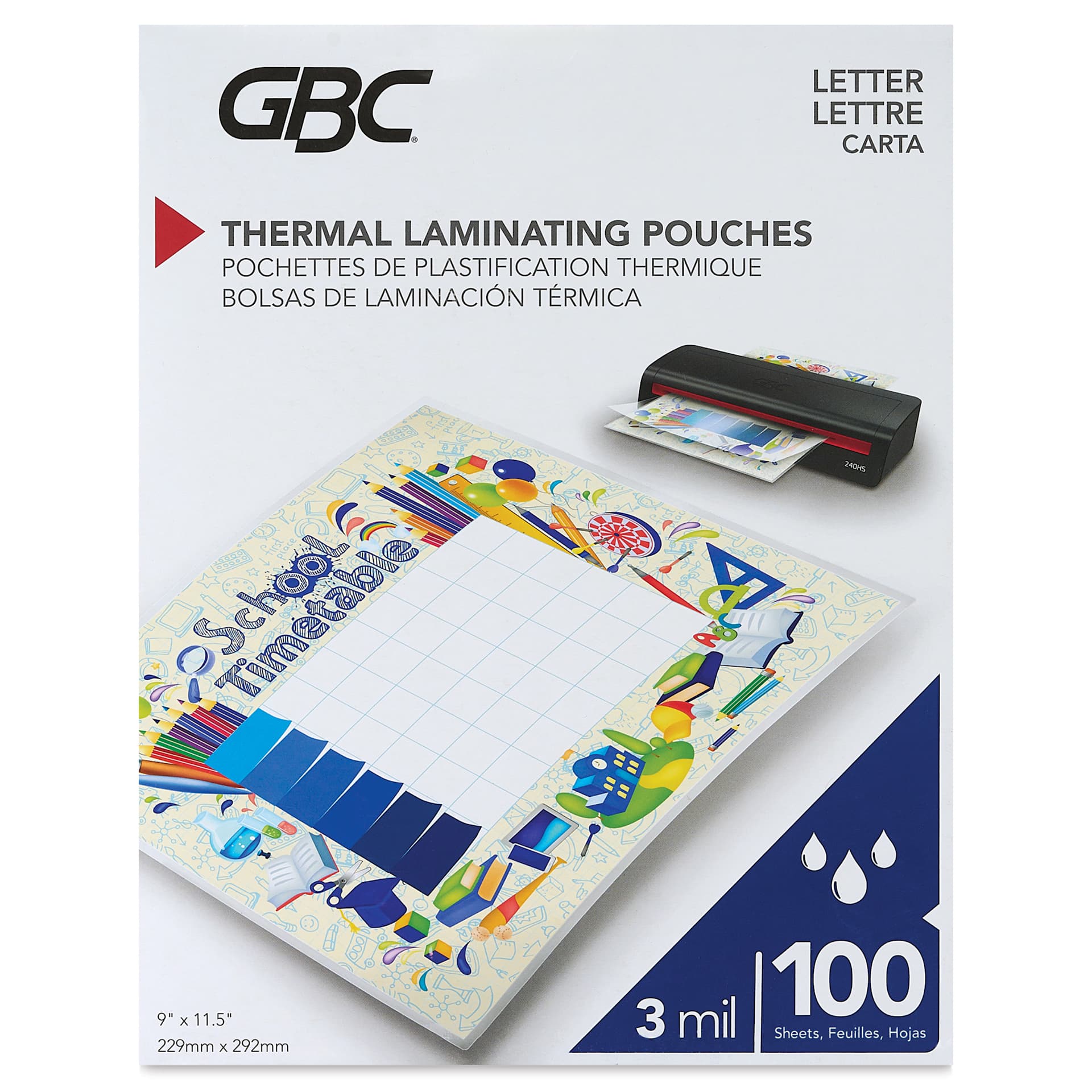 GBC Thermal Laminating Pouches - Pkg of 100, 3 ml, 9" x 11.5" front of packaging