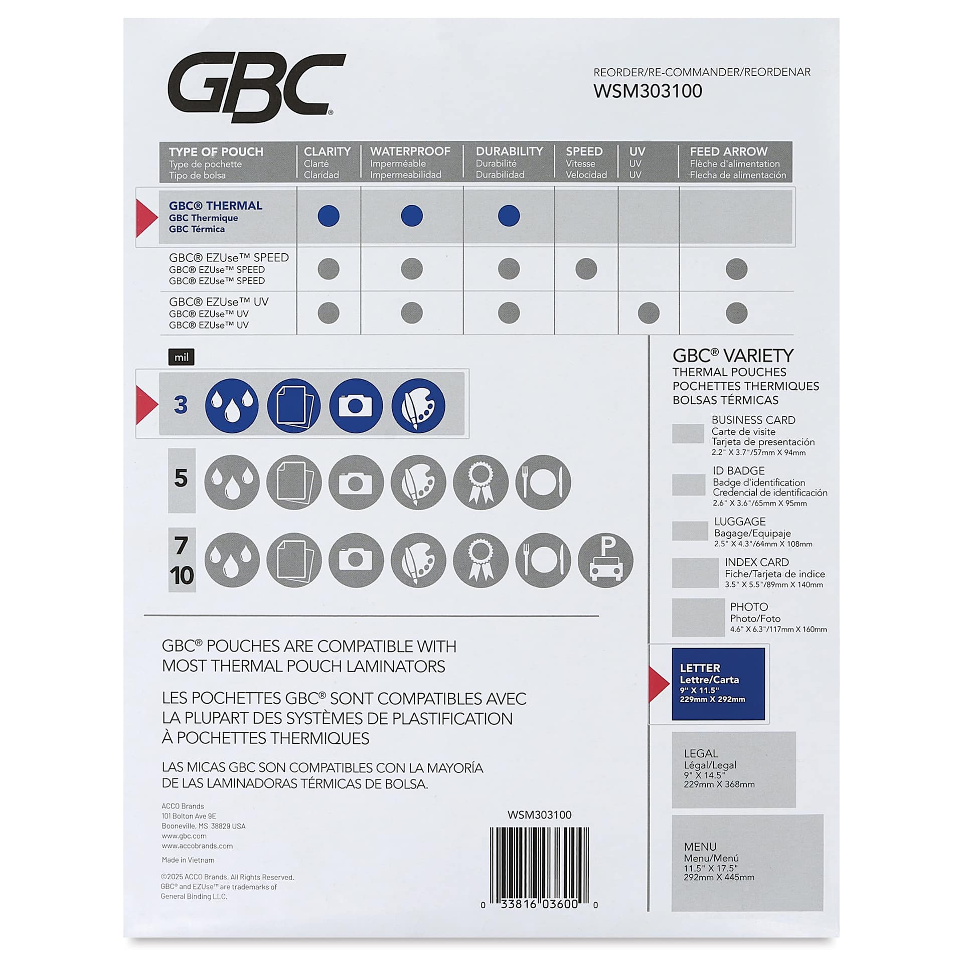GBC Thermal Laminating Pouches - Pkg of 100, 3 ml, 9" x 11.5" back of packaging