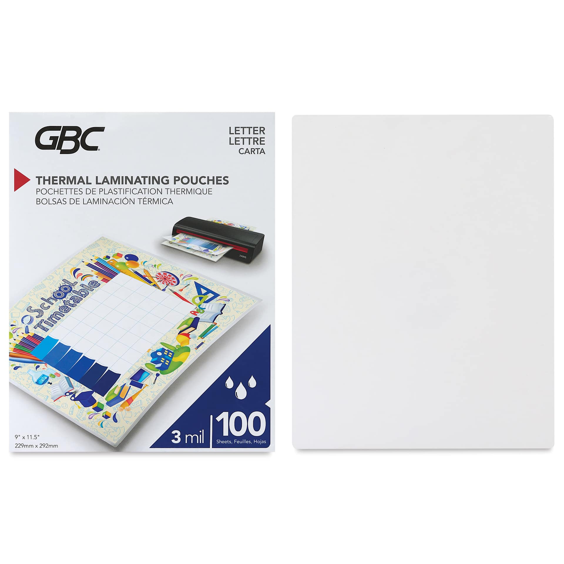 GBC Thermal Laminating Pouches - Pkg of 100, 3 ml, 9" x 11.5" contents with packaging