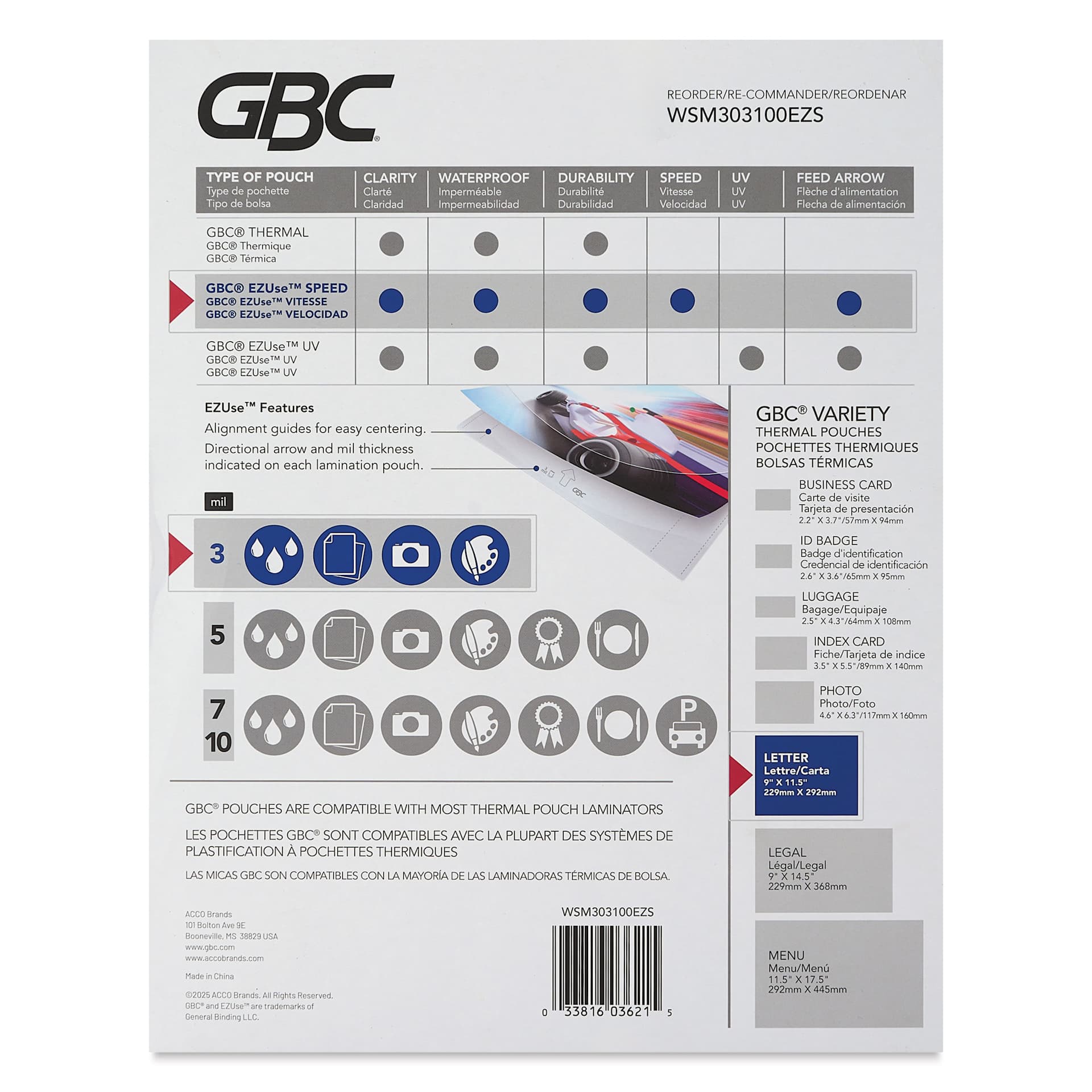 GBC EZUse Speed Thermal Laminating Pouches - Pkg of 100, 3ml back of packaging