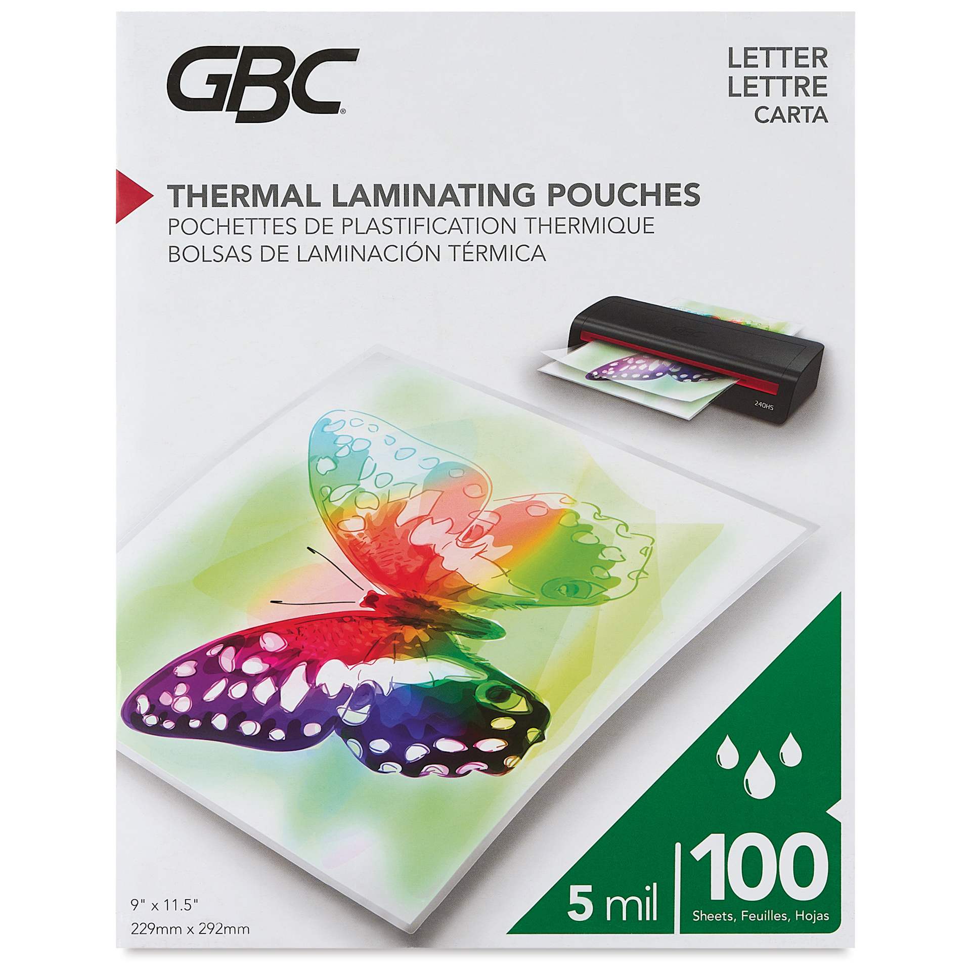 GBC Thermal Laminating Pouches - Pkg of 100, 5 ml, 9" x 11.5" front of packaging