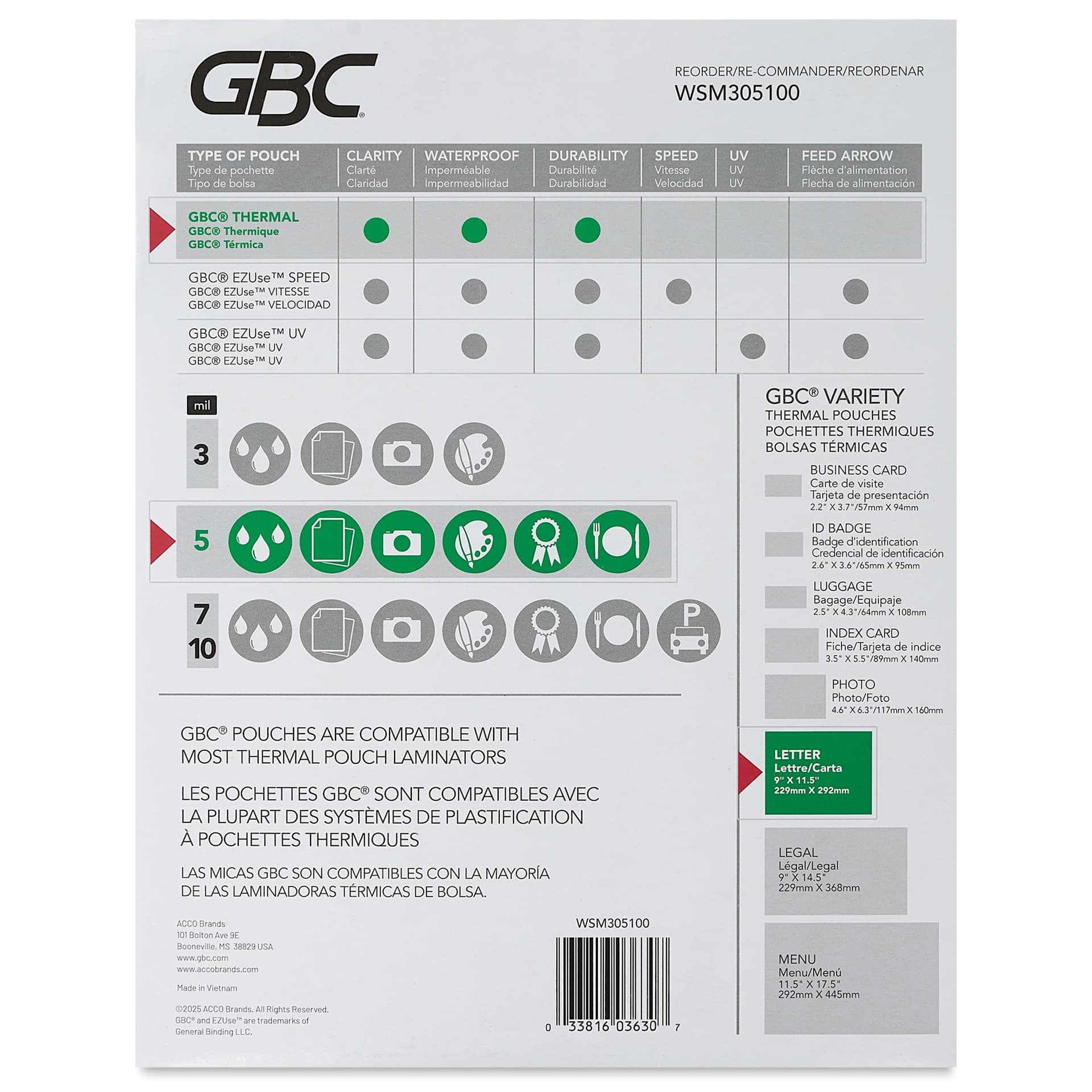GBC Thermal Laminating Pouches - Pkg of 100, 5 ml, 9" x 11.5" back of packaging