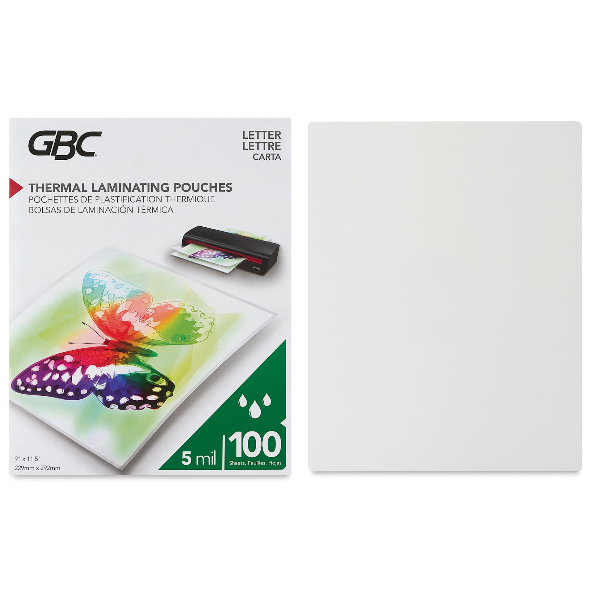 GBC Thermal Laminating Pouches - Pkg of 100, 5 ml, 9" x 11.5" contents with packaging