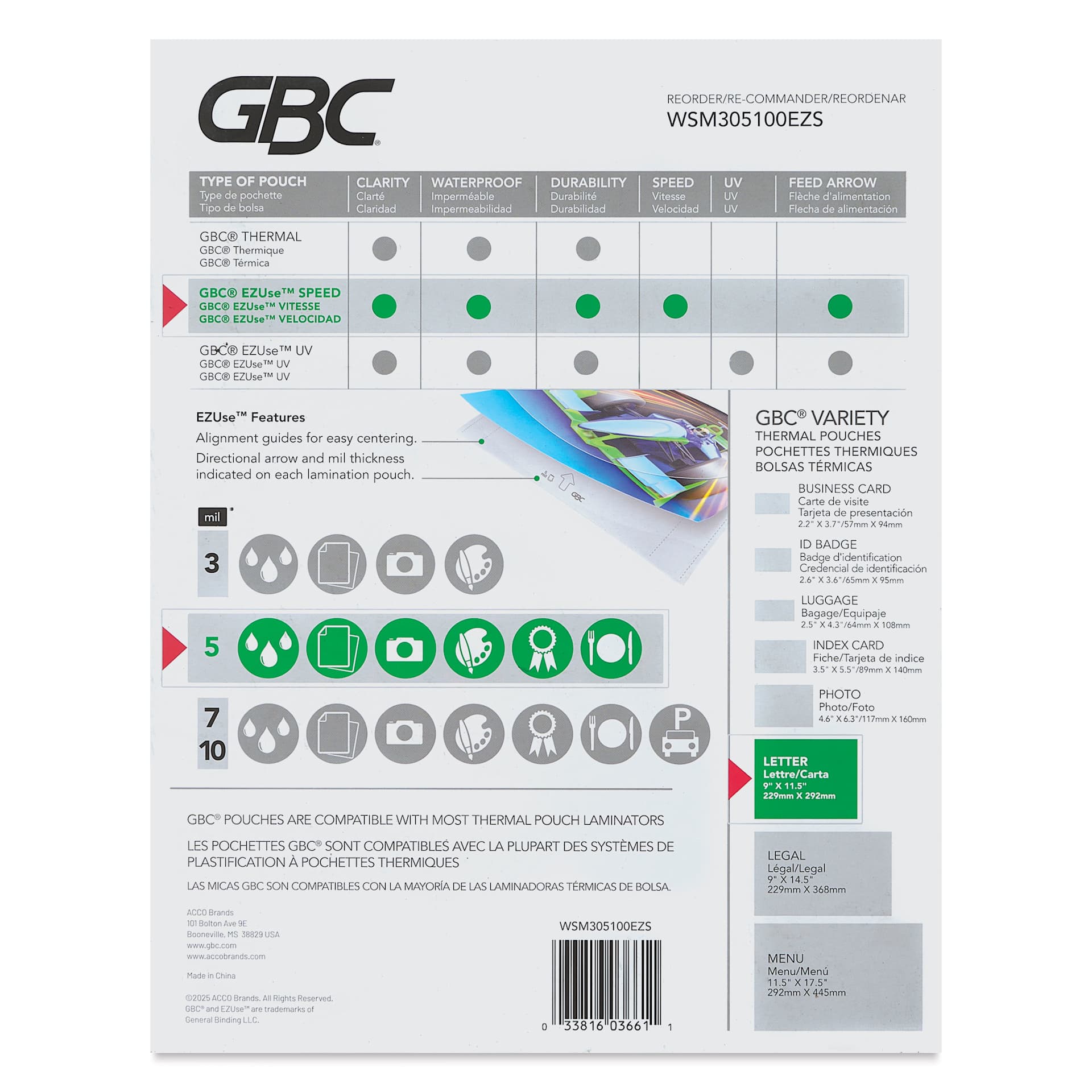 GBC EZUse Speed Thermal Laminating Pouches - Pkg of 100, 5ml back of packaging