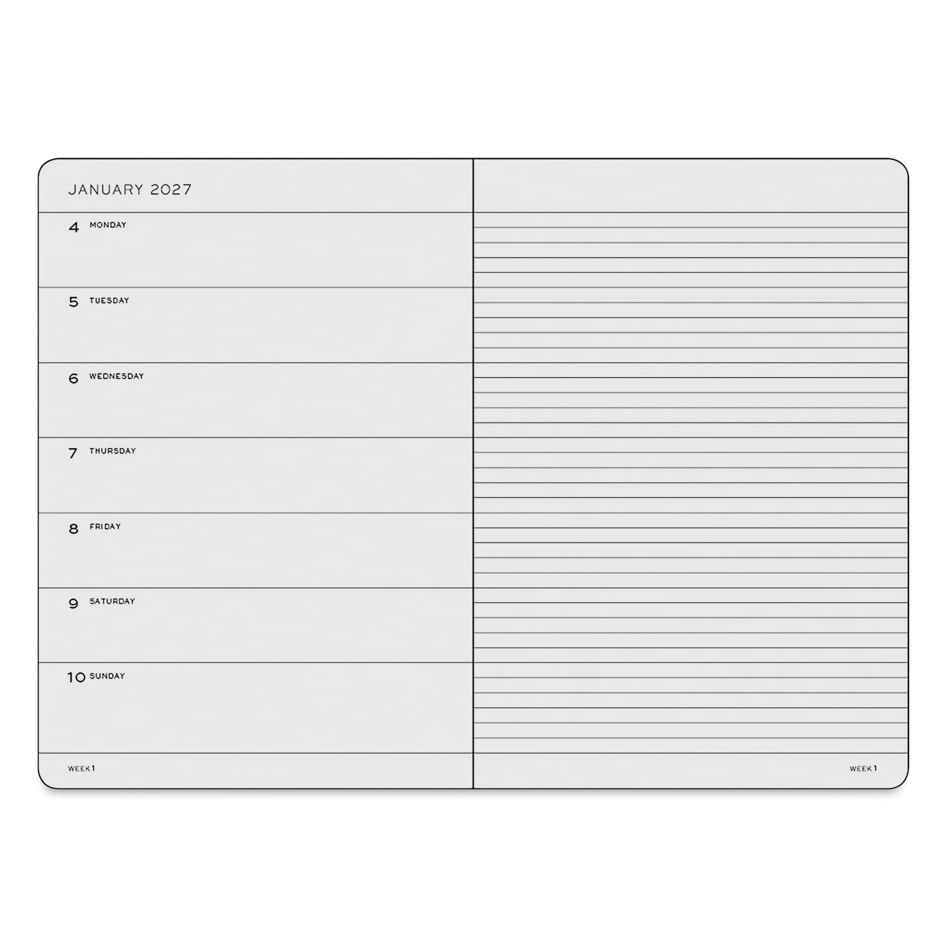 Leuchtturm1917 Weekly Planner & Notebook 2027 - 5-3/4" x 8-1/4", Black, open