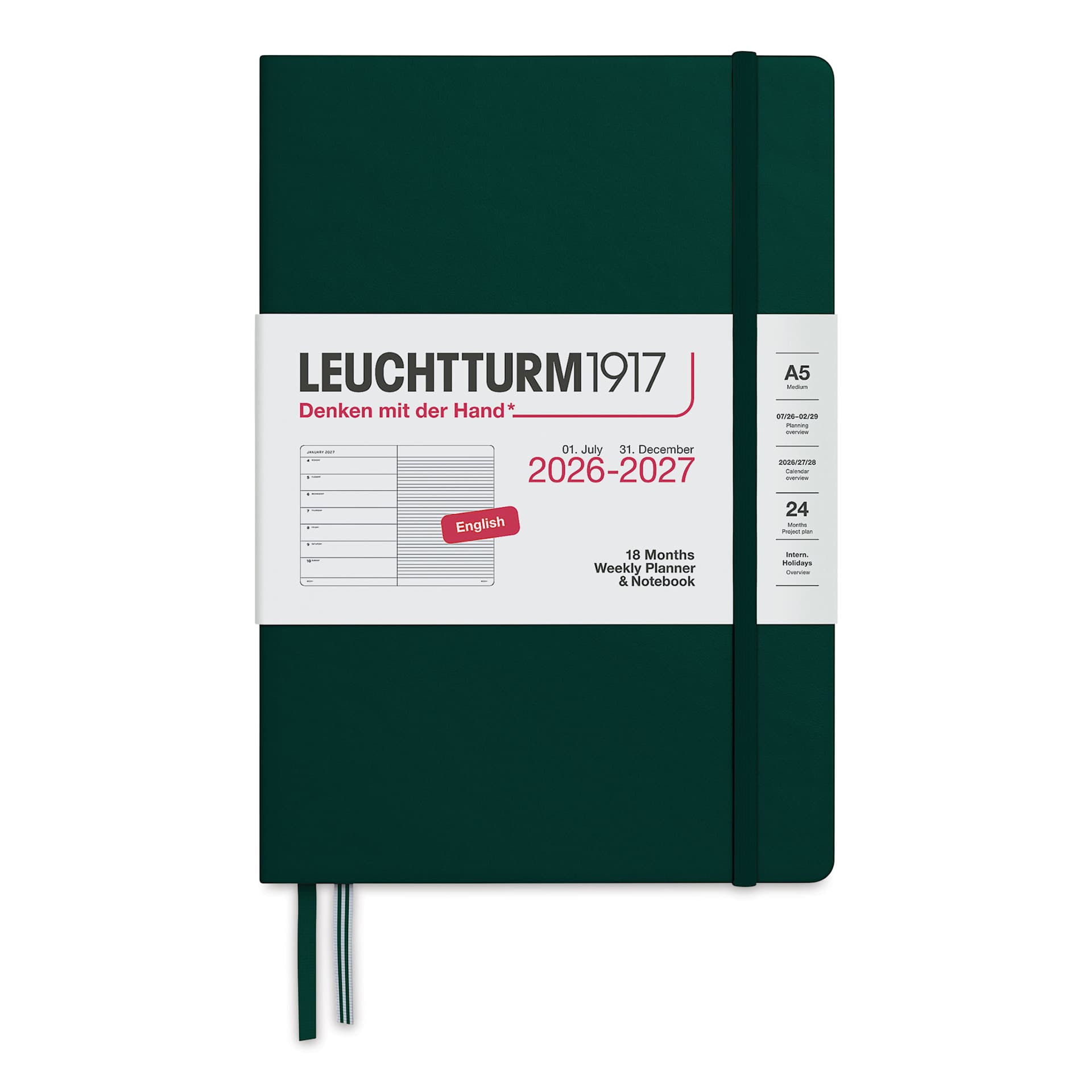 Leuchtturm1917 18-Month Weekly Planner & Notebook 2027 - 5-3/4" x 8-1/4", Forest Green
