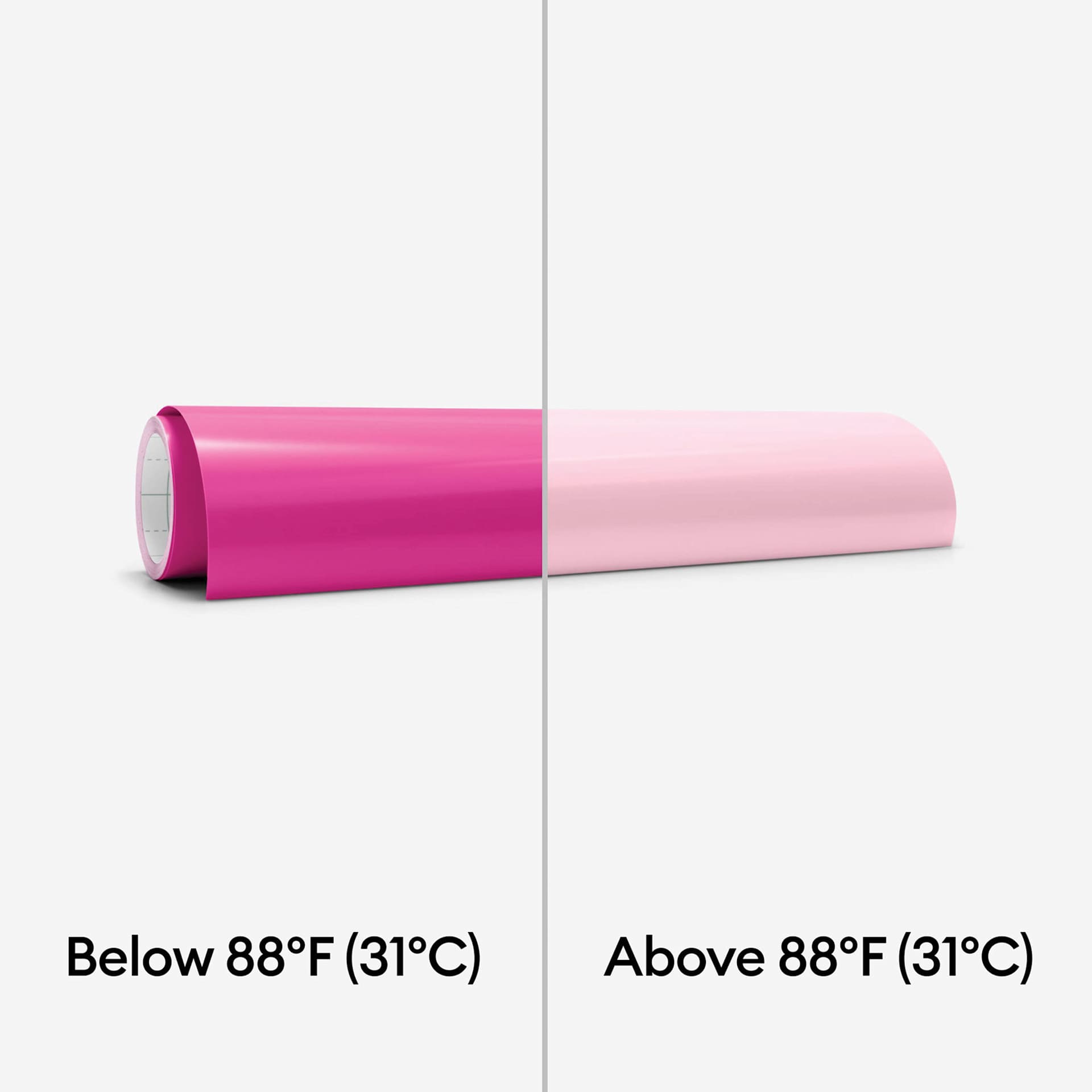 Cricut Heat Color-Changing Permanent Vinyl - Magenta/Pink, 12" x 24" demonstrating heat color change, side-by-side roll