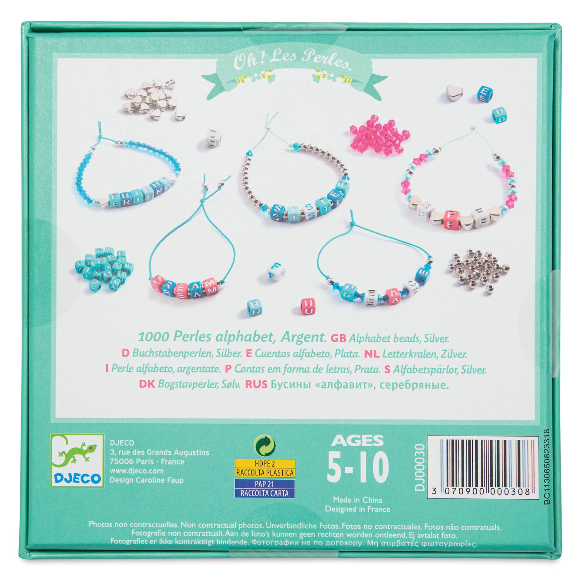 Djeco Alphabet Bead Set - Silver - back of packaging