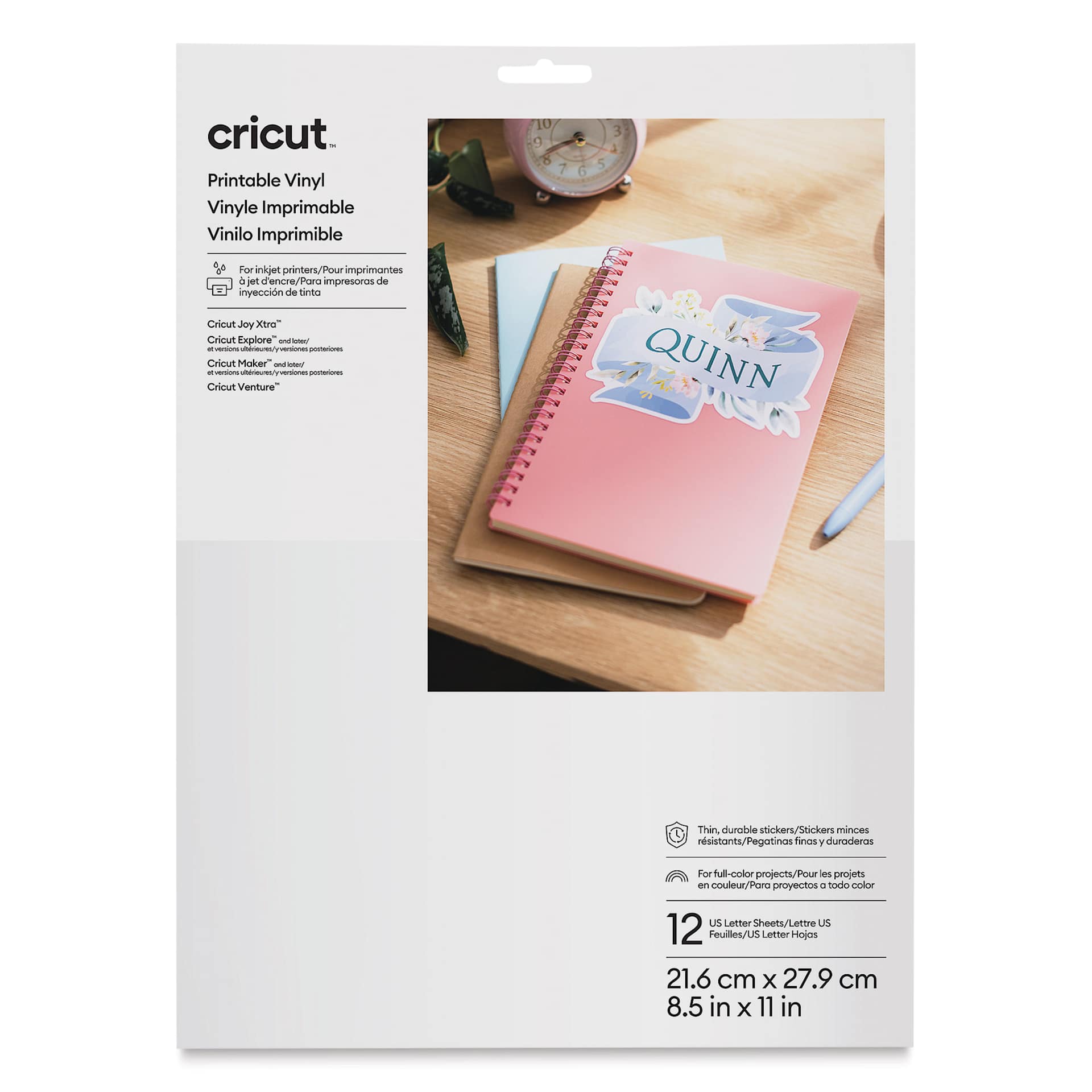 Cricut Printable Vinyl - White, 8-1/2" x 11", Pkg of 12 front of packaging