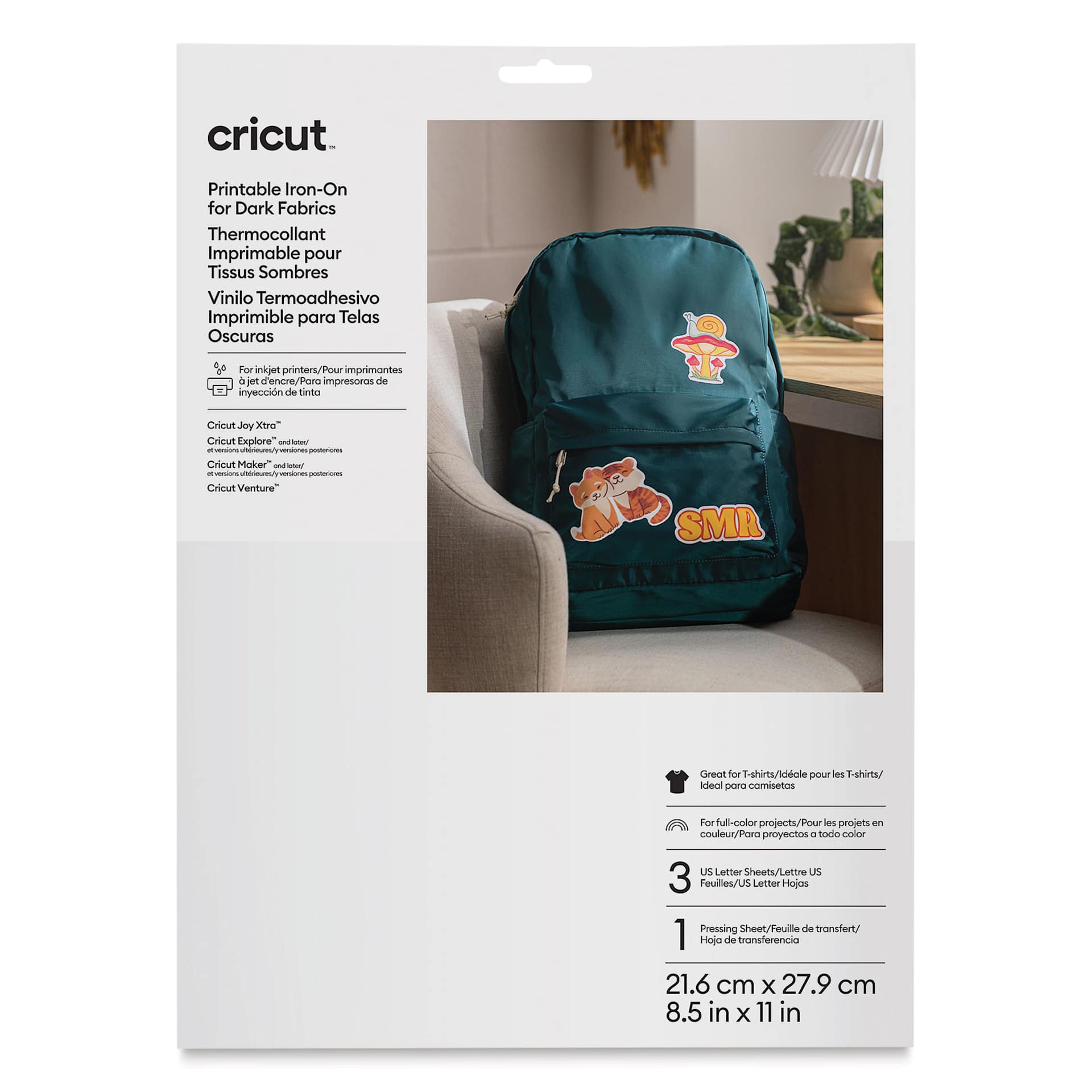 Cricut Printable Iron-On - Dark Fabric, 8-1/2" x 11", Pkg of 5 front of packaging