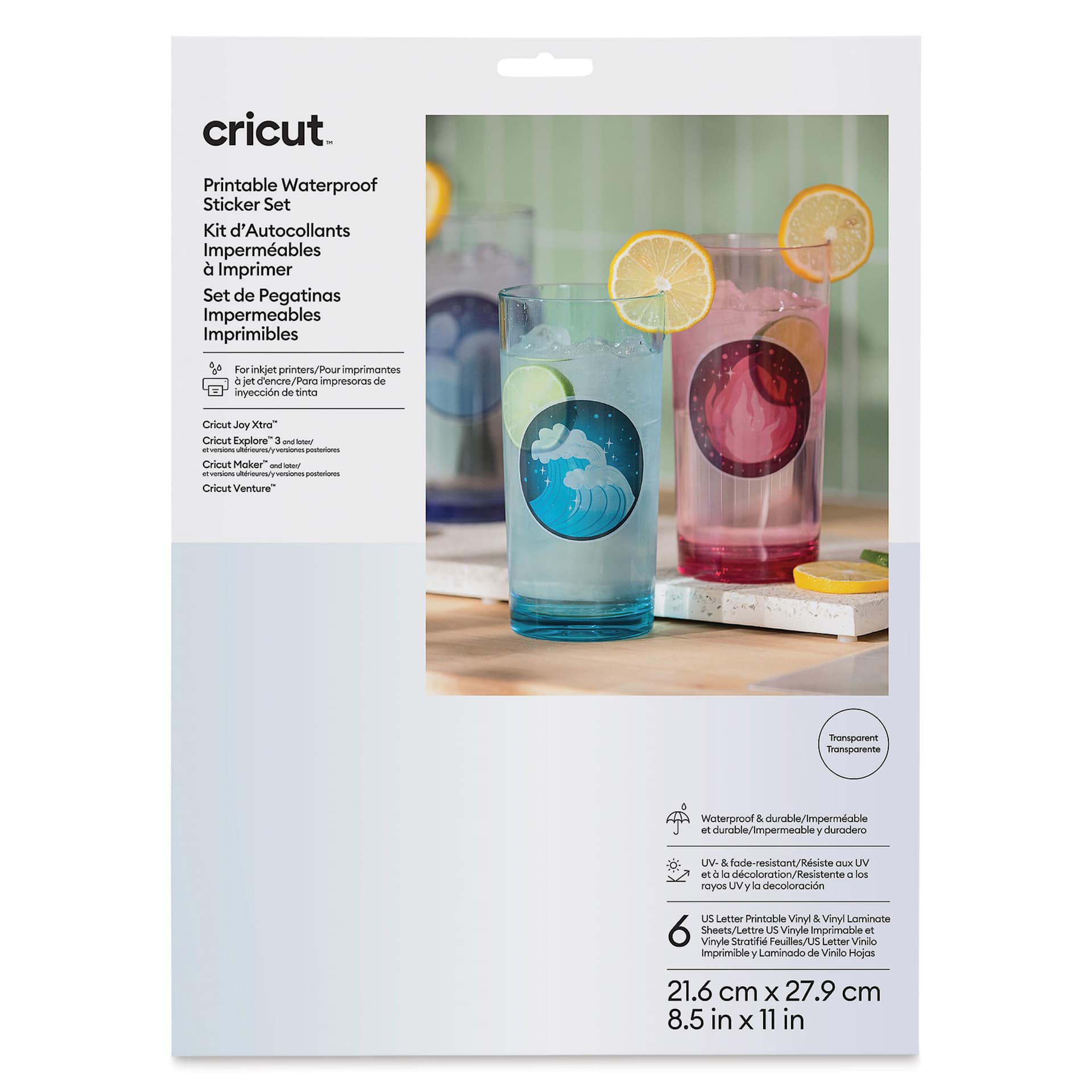 Cricut Printable Waterproof Sticker Set - Transparent, 8-1/2" x 11", Pkg of 6 front of packaging