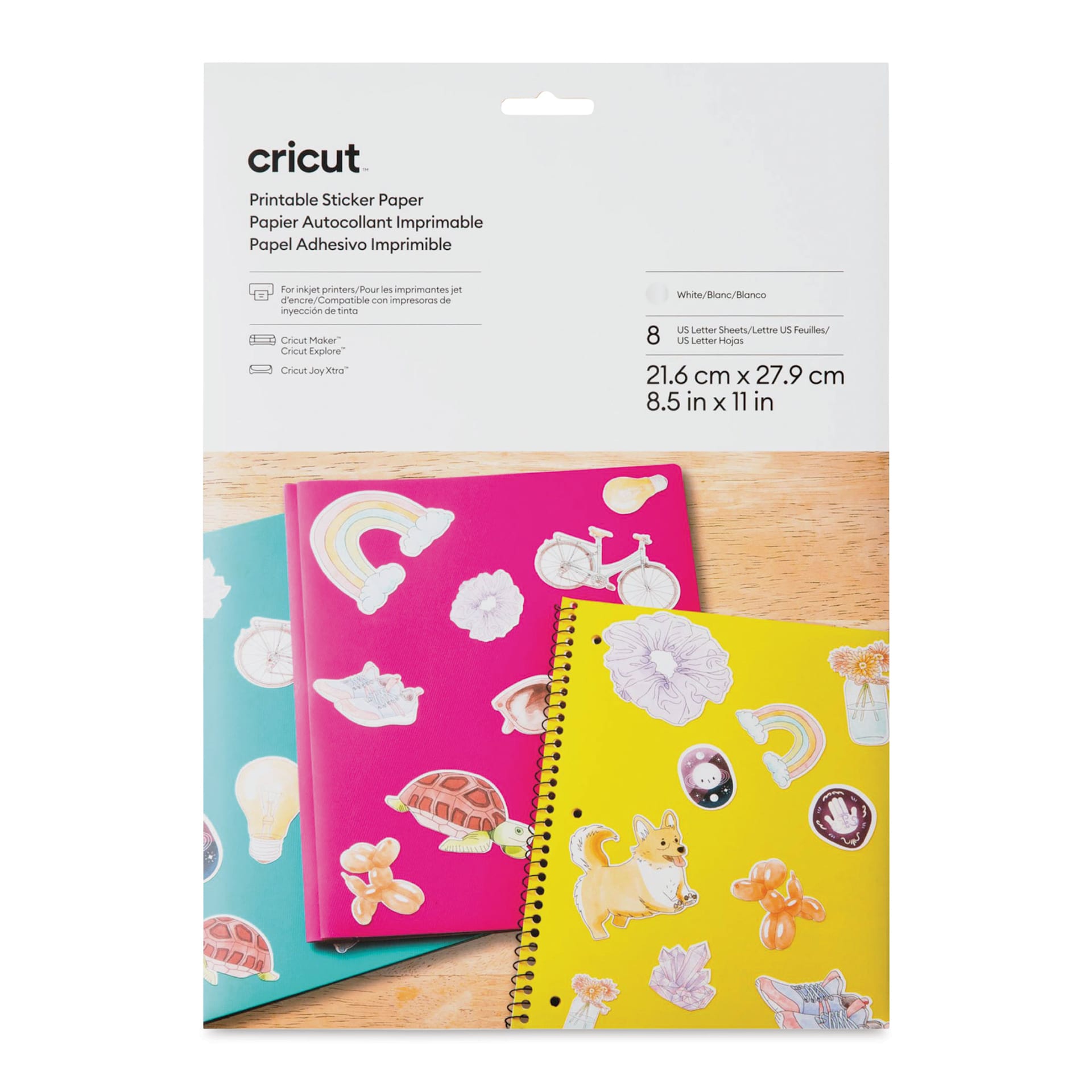 Cricut Printable Sticker Paper - White, 8-1/2" x 11", Pkg of 8 front of packaging